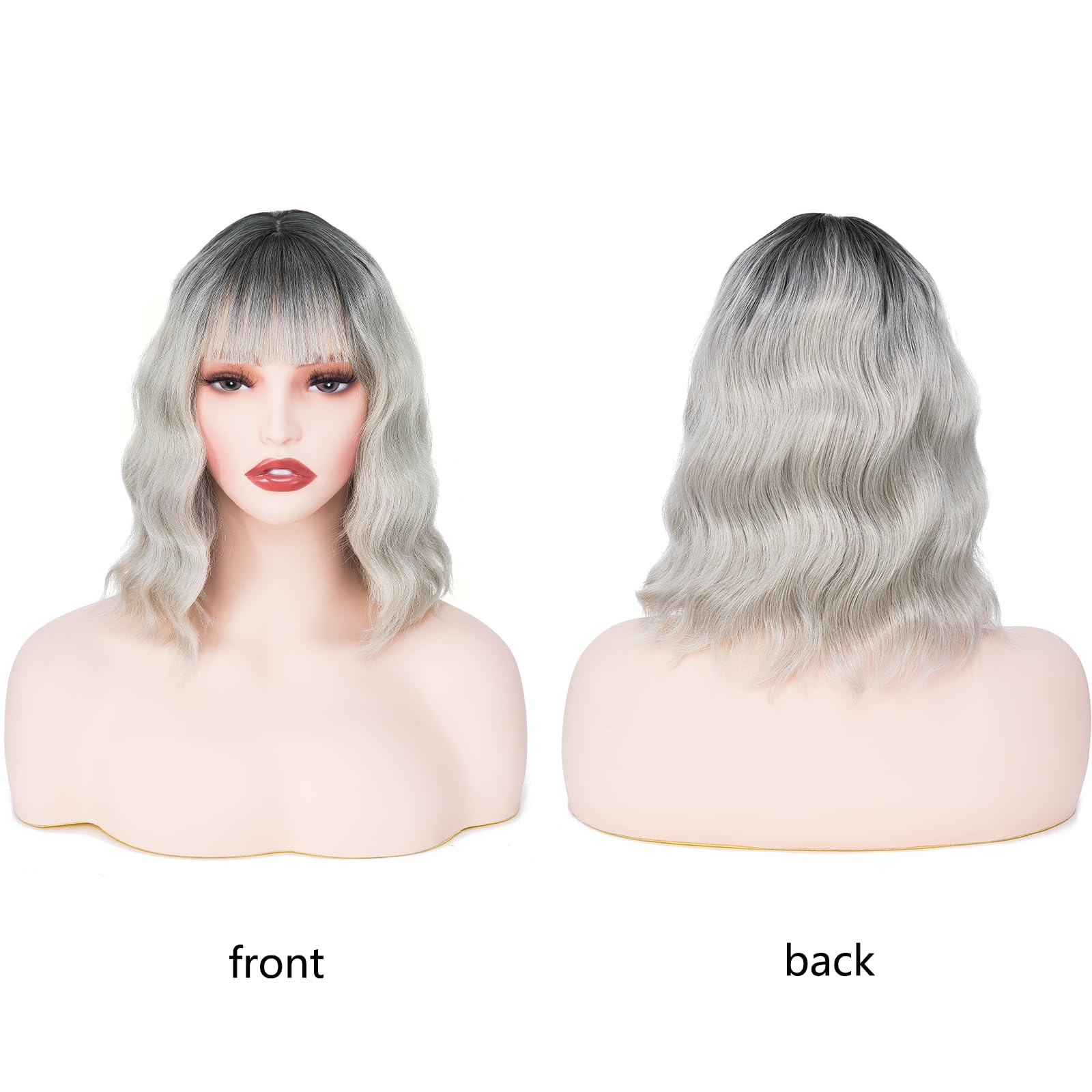 BUYOGET Wavy Bob Wig with Bangs Ombre Sliver Synthetic Hair Shoulder Length 12 Inch Short Curly Wigs for Women - Image 2