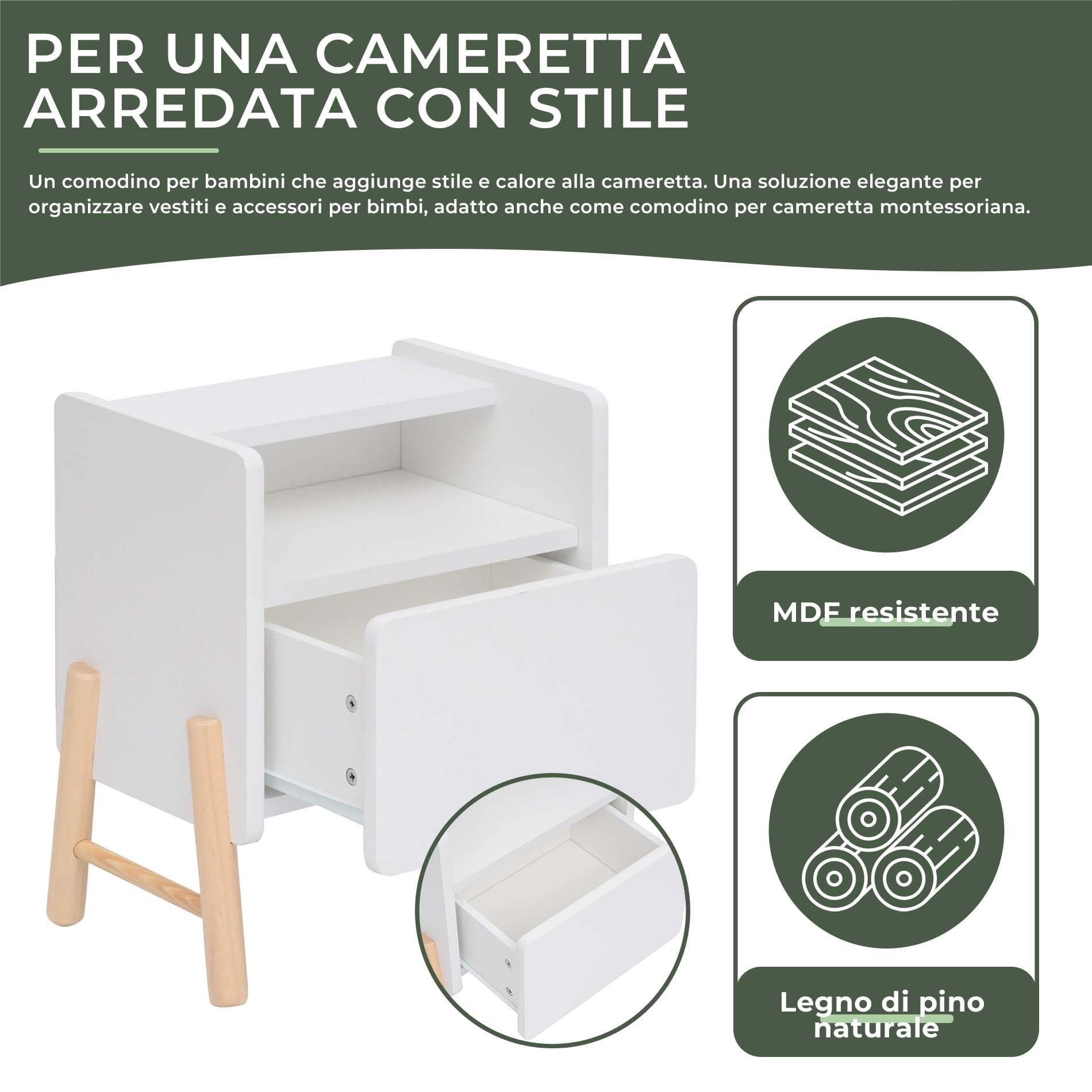 Rebecca Mobili Comodino Per Bambini, Bianco/marrone, MDF E Pino, Con Cassetto E Ripiano, 49x43x30 Cm