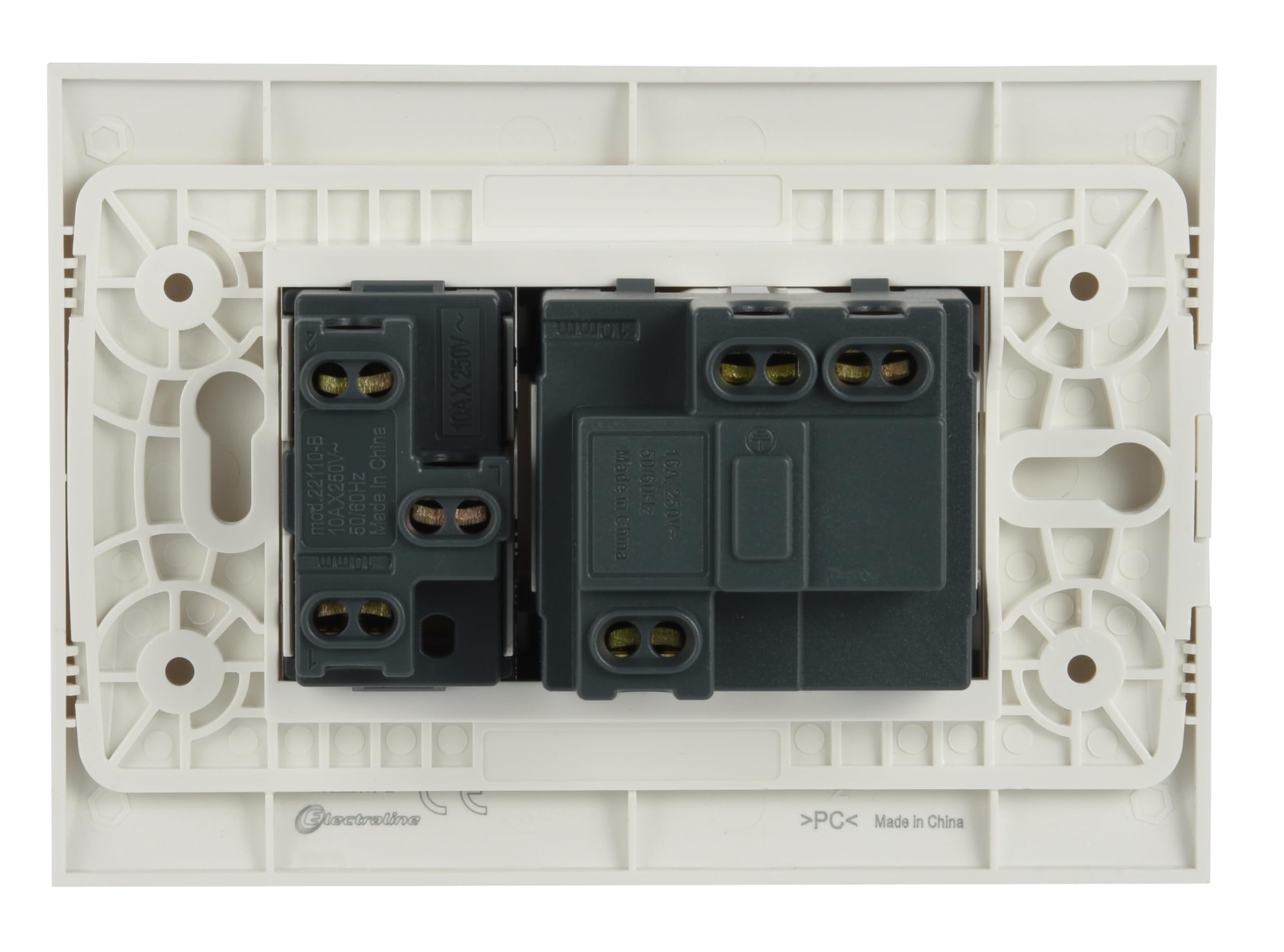 Electraline 22120 Bloque de toma universal + desviador con placa/juego placa premontada 1 toma universal P40 16 A + 1 desviador 10 A, dos tornillos de montaje, blanco