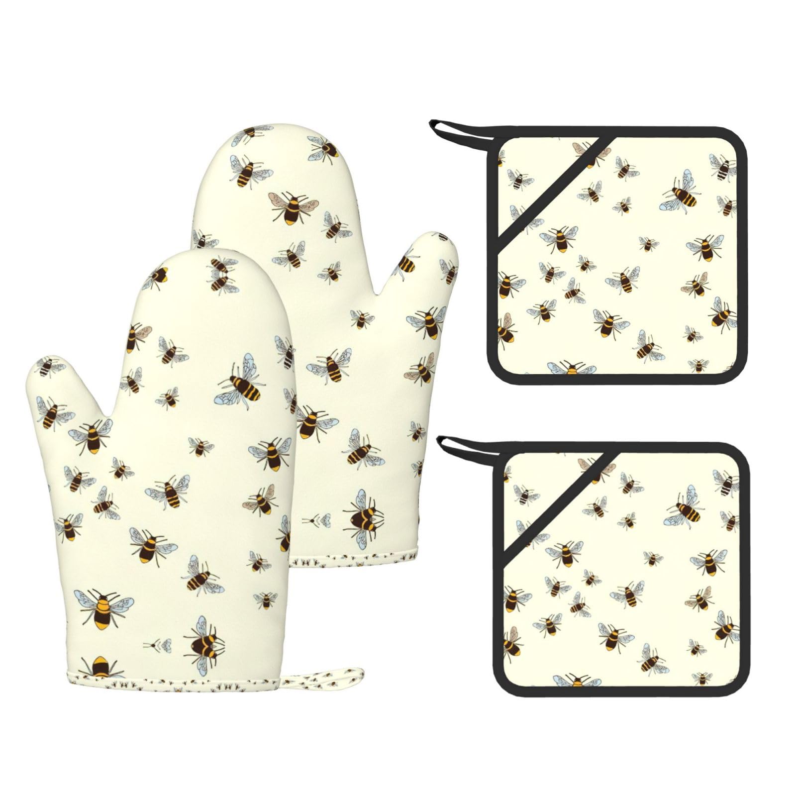 honey bee. Printed Oven Gloves and Hot Pads Set of 4, High Heat Resistant Silicone Mitts for Cooking BBQ