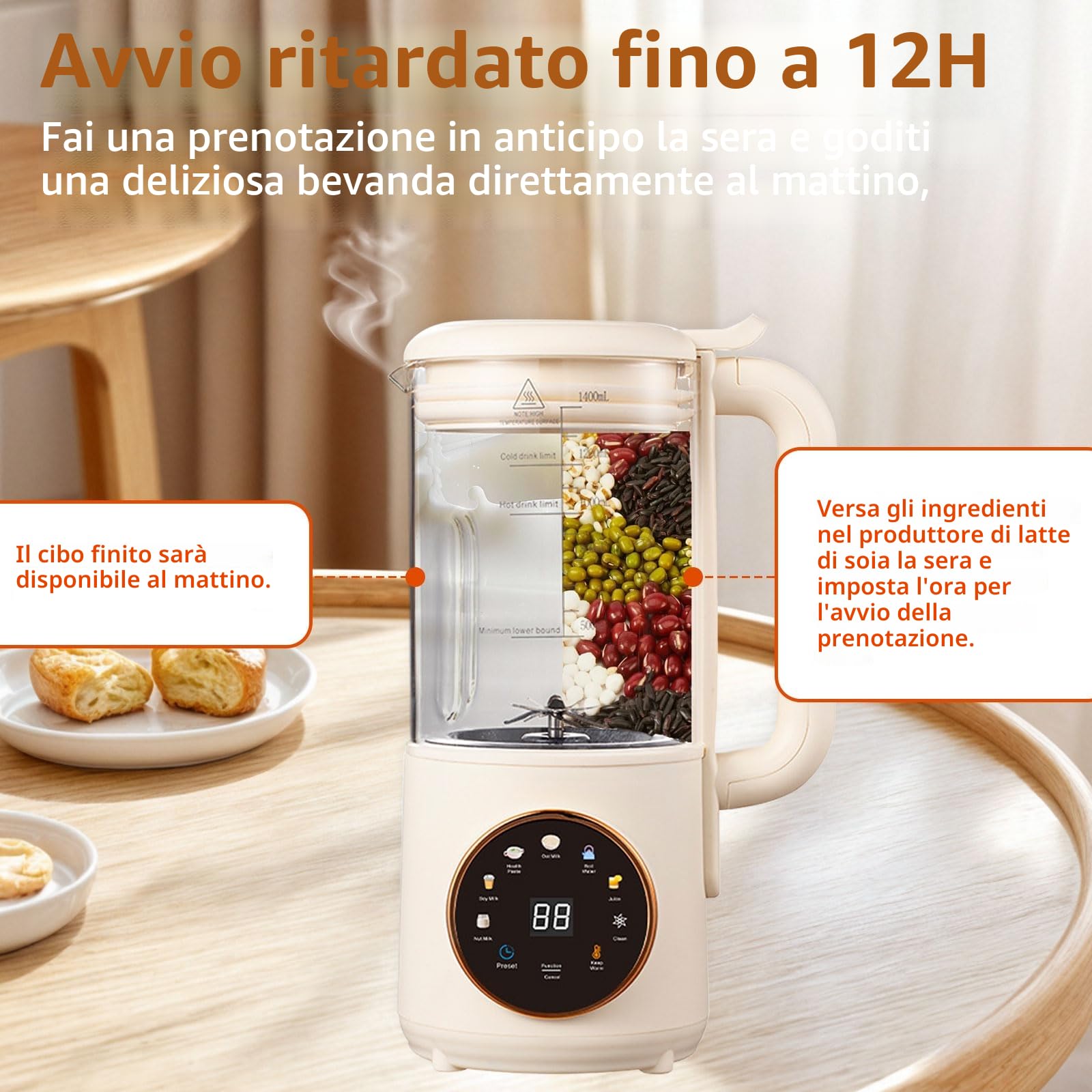 Macchina per latte di soia automatica 8 in 1, 1400 ml, con 16 lame, copertura isolante acustica, latte vegetale fatto in casa, avena, mandorle, succo con avvio ritardato, autopulente