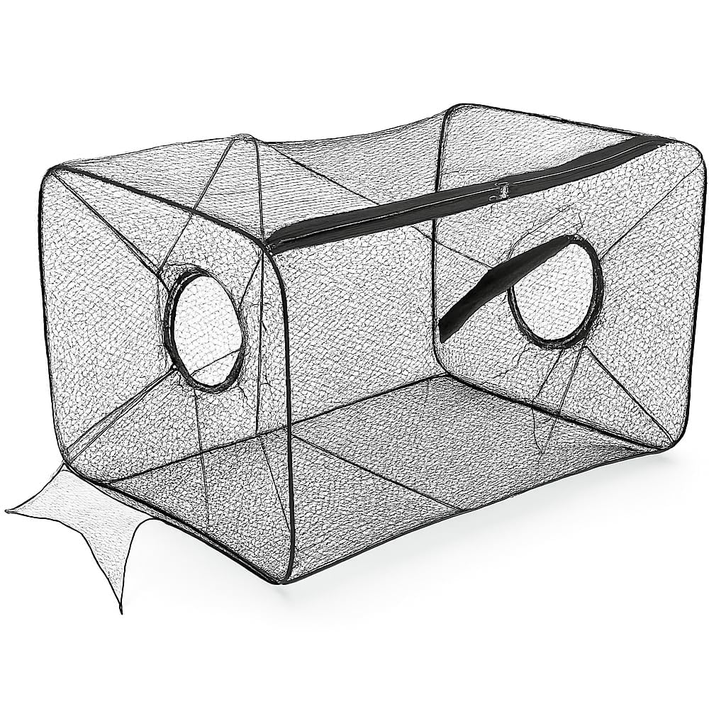 Compact Foldable Fishing Net Trap with Zipper Nylon Mesh Bait Cage for Fish, Eels, Crabs