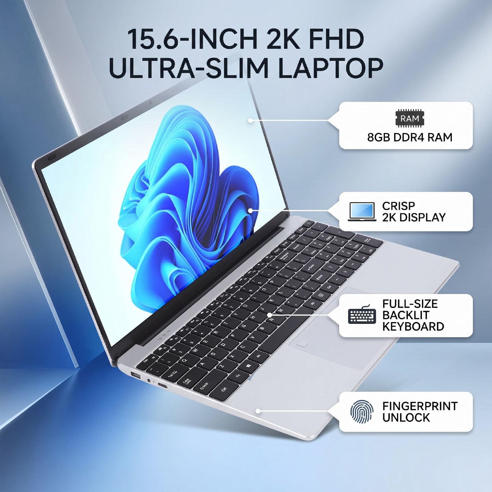 Laptop 15,6 Cala, Ultracienki Notebook 2K FHD z 8 GB Pamięci DDR4 256 GB SSD Klawiatura Numeryczna Odblokowywanie za pomocą Linii Papilarnych, do Pracy, Nauki i Rozrywki (wtyczka UE)