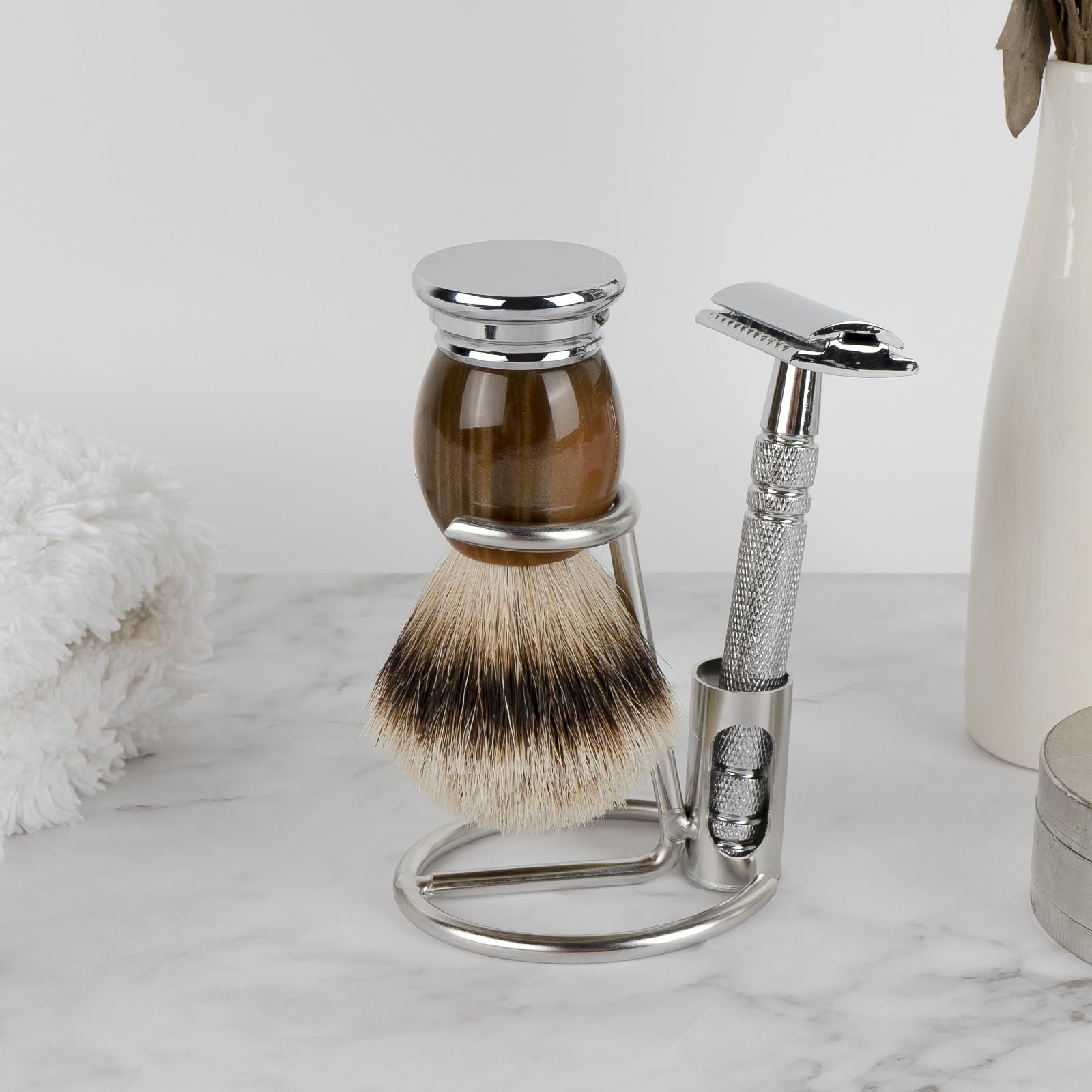 Linkidea Supporto per rasoio di sicurezza in acciaio inox, portaspazzola per barba corta da uomo, accessori bagno compatibili con Merkur 34HD, 23C, Henson Shaving AL 13, Vikings Blade (Argento)