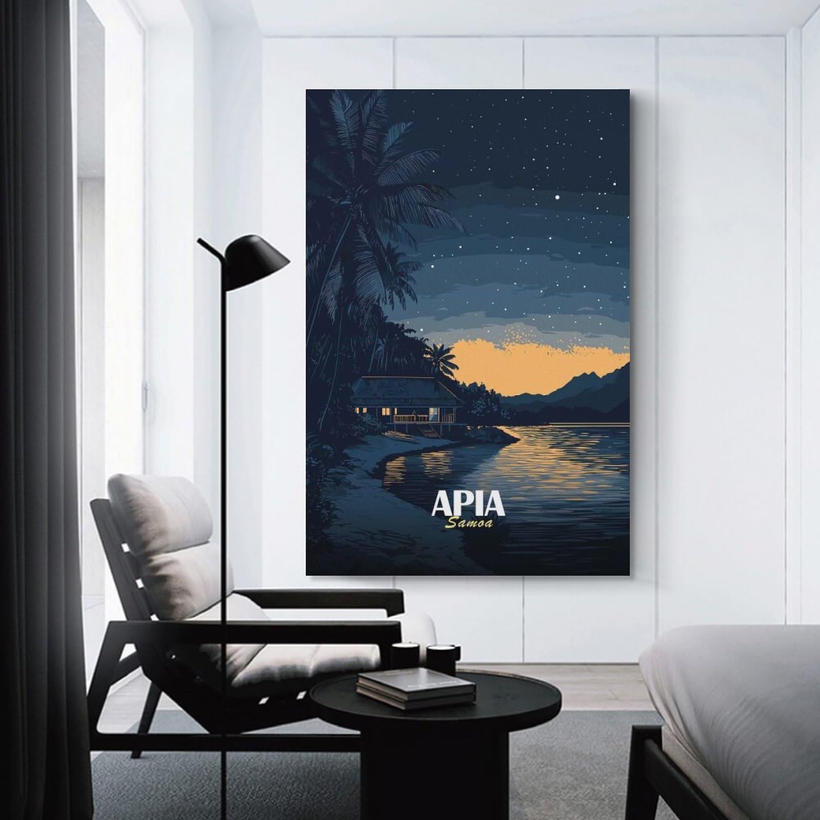 Junmoney Unframe-Style-2 Apia Samoa Night Landscape Illustration Canvas Wall Picture, 12X18inch(30X45cm), For Wall Displays, Bedrooms Or Room Updates, Wall Decor Suited To Curated Displays