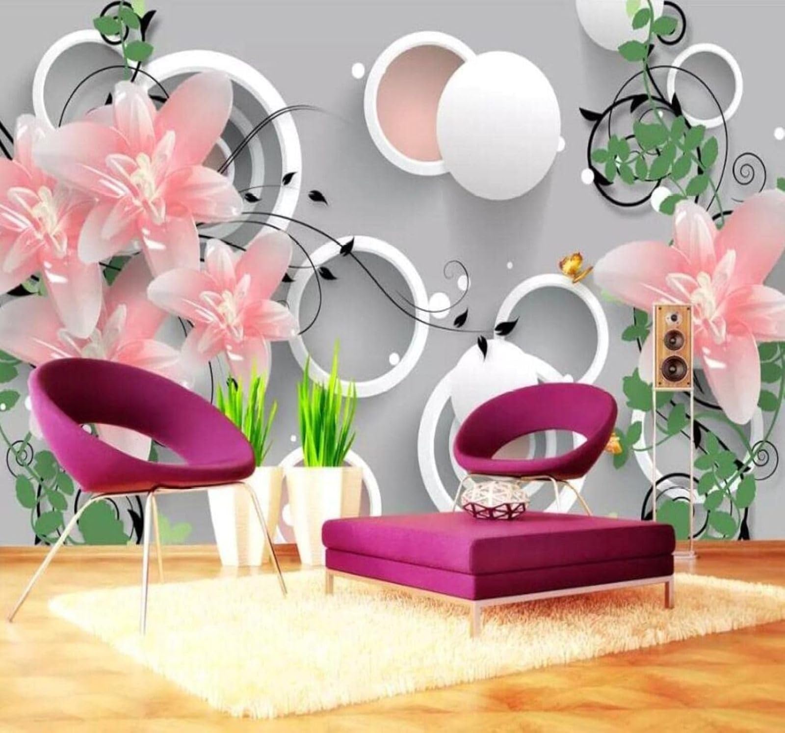 XLMING Creative Jade Carving Lilies Geometric Circular 3D Wallpaper Luxury Home Dining Decor Paste Sofa Living Room The Wall for Bedroom Mural-350cm×256cm