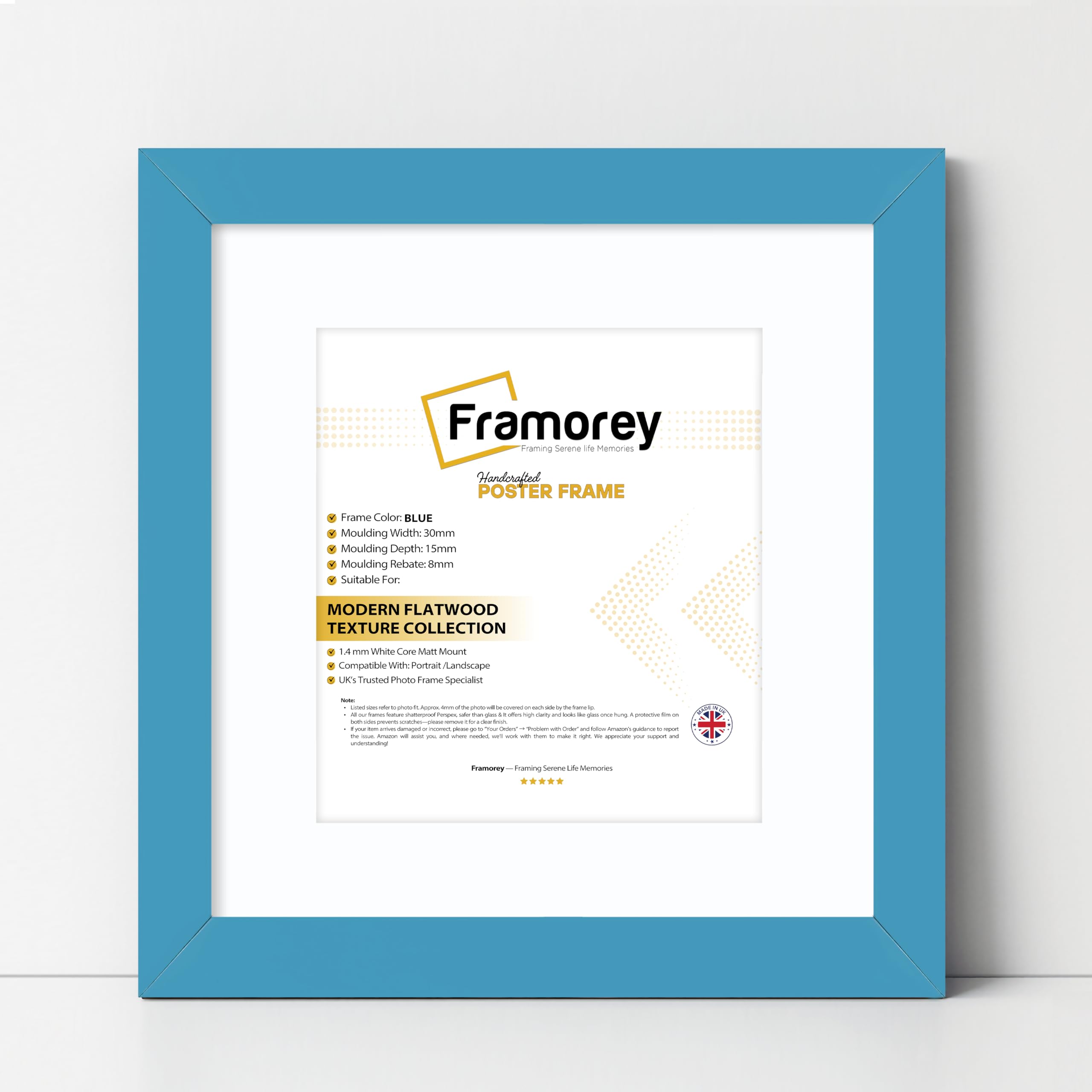 FRAMOREY Square Oxford Flat Wooden Effect Picture Frame, 11x11" Size Blue Photo Frame With 9x9" Size White Mount, Photo Print Frame, Best Photo Frames For Birthday Gift