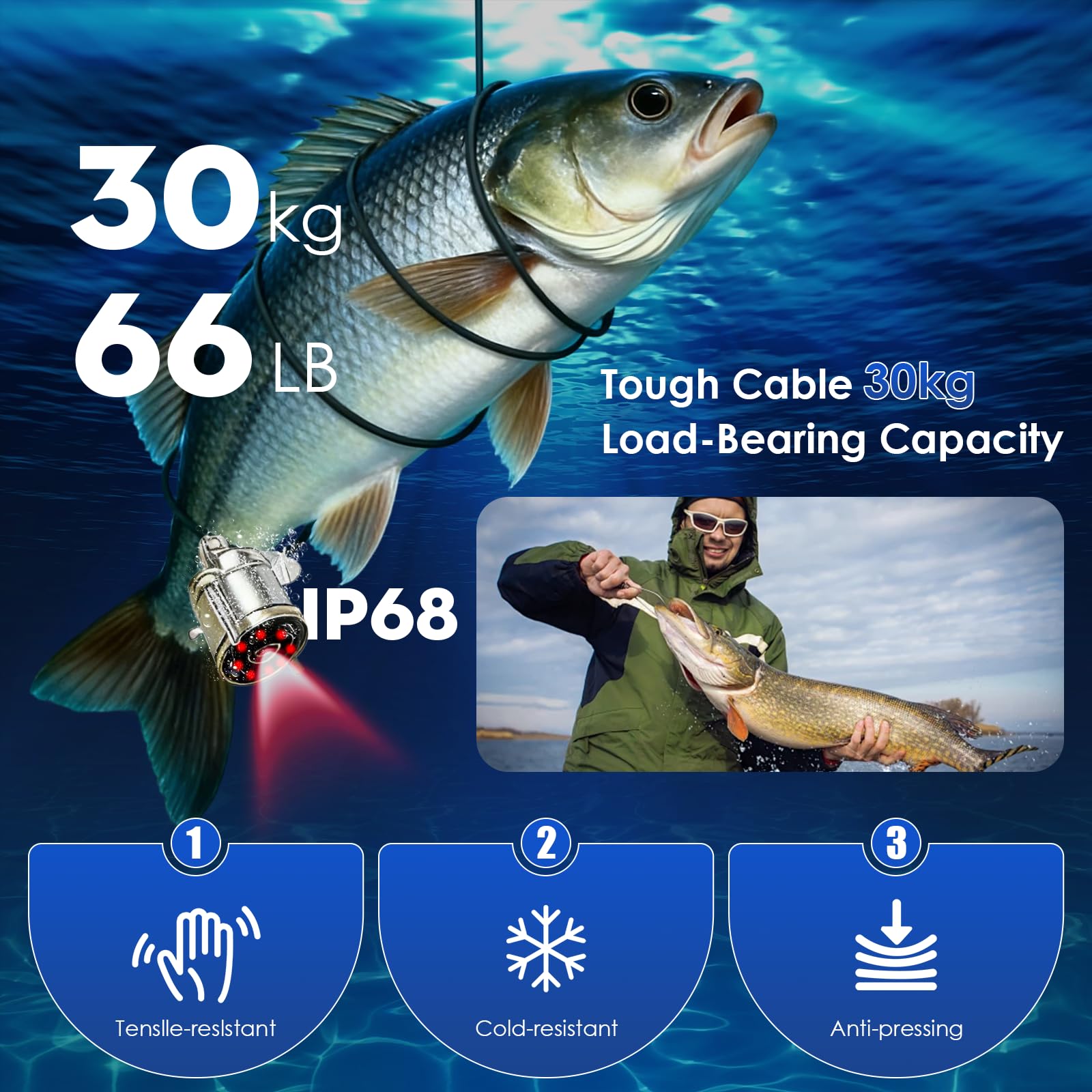 Cámara de pesca subacuática, cámara de pesca portátil HD de 4.3 pulgadas, gran angular de 140 grados, 1200TVL, buscador de peces con 8 luces IR para barco, lago, pesca en hielo