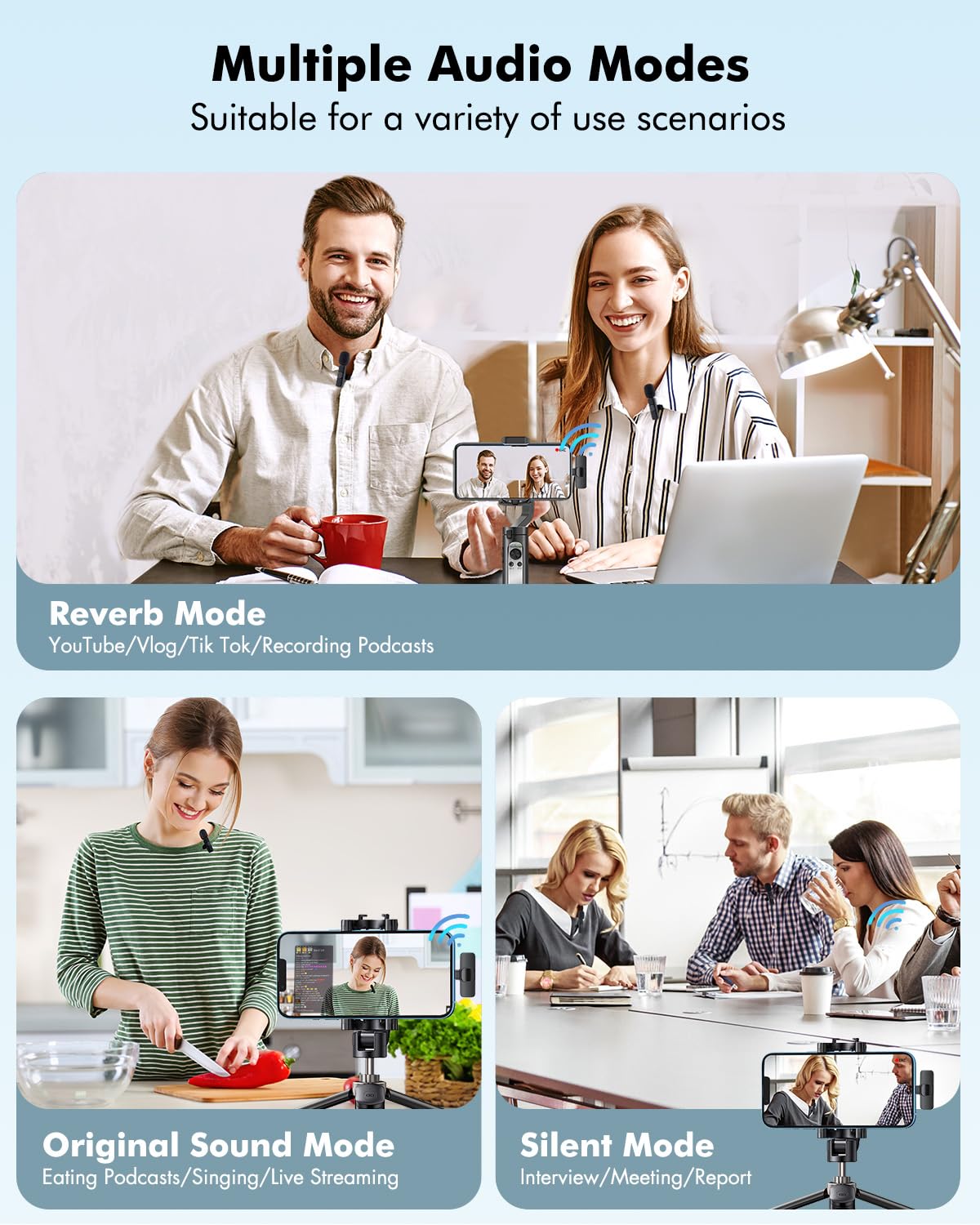 Microfono Lavalier Wireless per iPhone, iPad e Android, Set 2 Microfoni a Clip con Ricevitore Lightning e USB-C, Riduzione Rumore AI, Audio Omnidirezionale, Plug and Play, 20m 10H per Video e Vlog