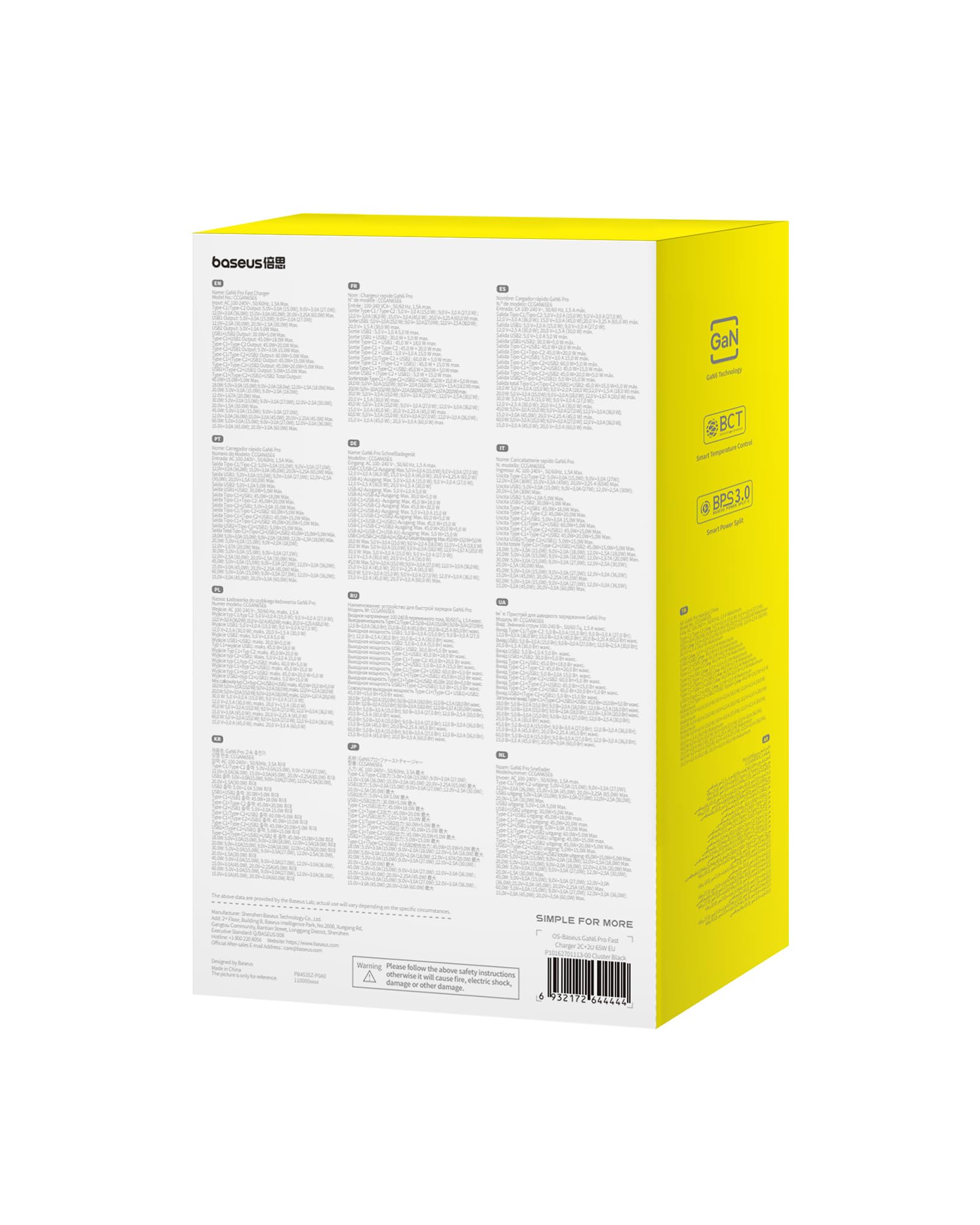 Baseus 65W Caricatore USB C GaN 6 Tech, Caricabatterie USB, Alimentatore USB C Compatibile con MacBook Air/Pro, Surface, iPhone 15/14/13, iPad, Samsung Galaxy S23 Ultra/S23+/S22, Pixel, Nero