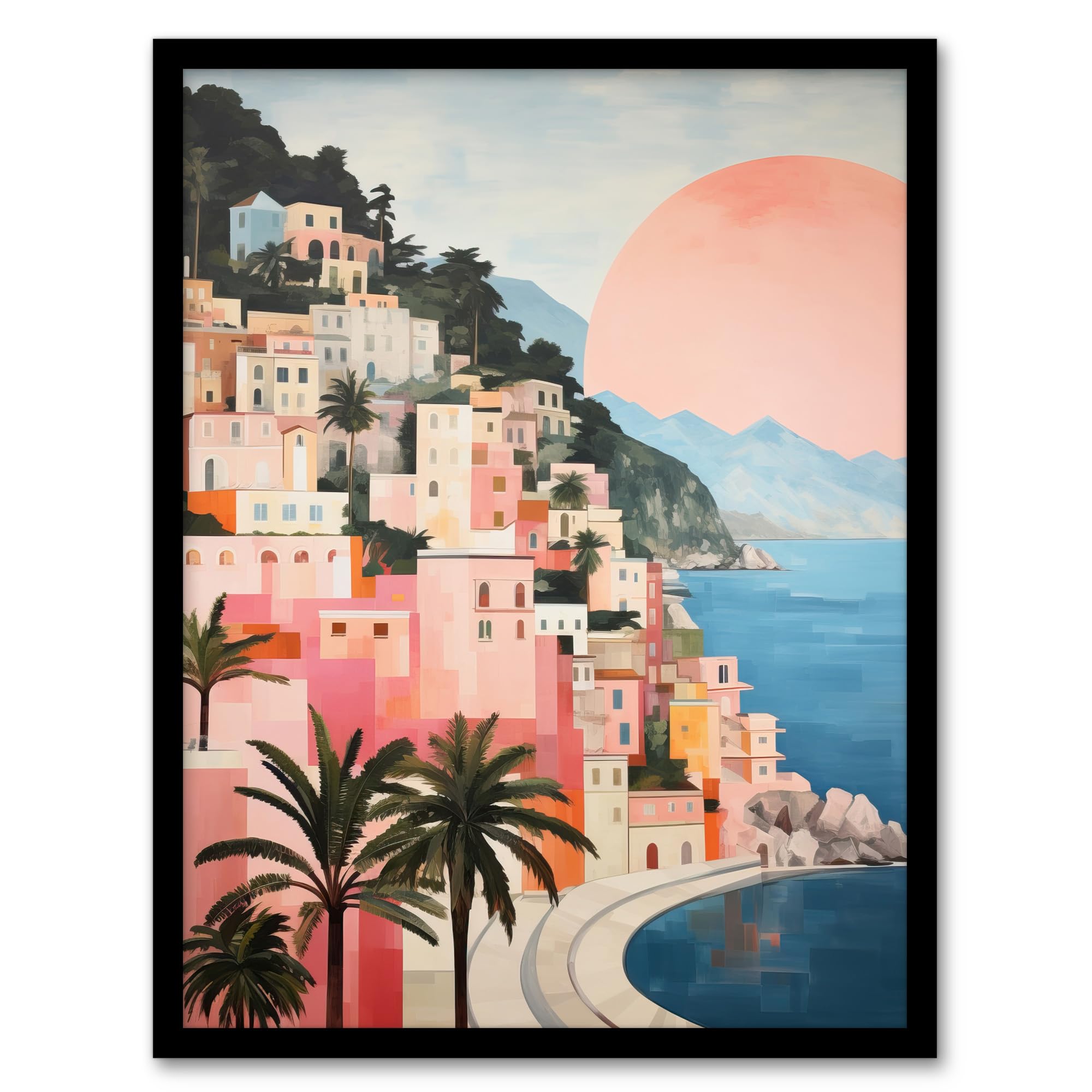 Wee Blue Coo Amalfi Sunrise Mediterranean Urban Landscape Oil Painting Pink Blue Green Coastal Cityscape Artwork Framed Wall Art Print A4