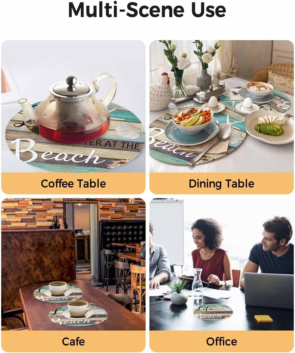 Round Placemats Set of 8 Ocean Starfish Woven Place Mats Life is Better at The Beach Rustic Wooden Circle Braided Placemat Heat Resistant Table Mat for Kitchen Dining Table Party Home Decor 15 Inch