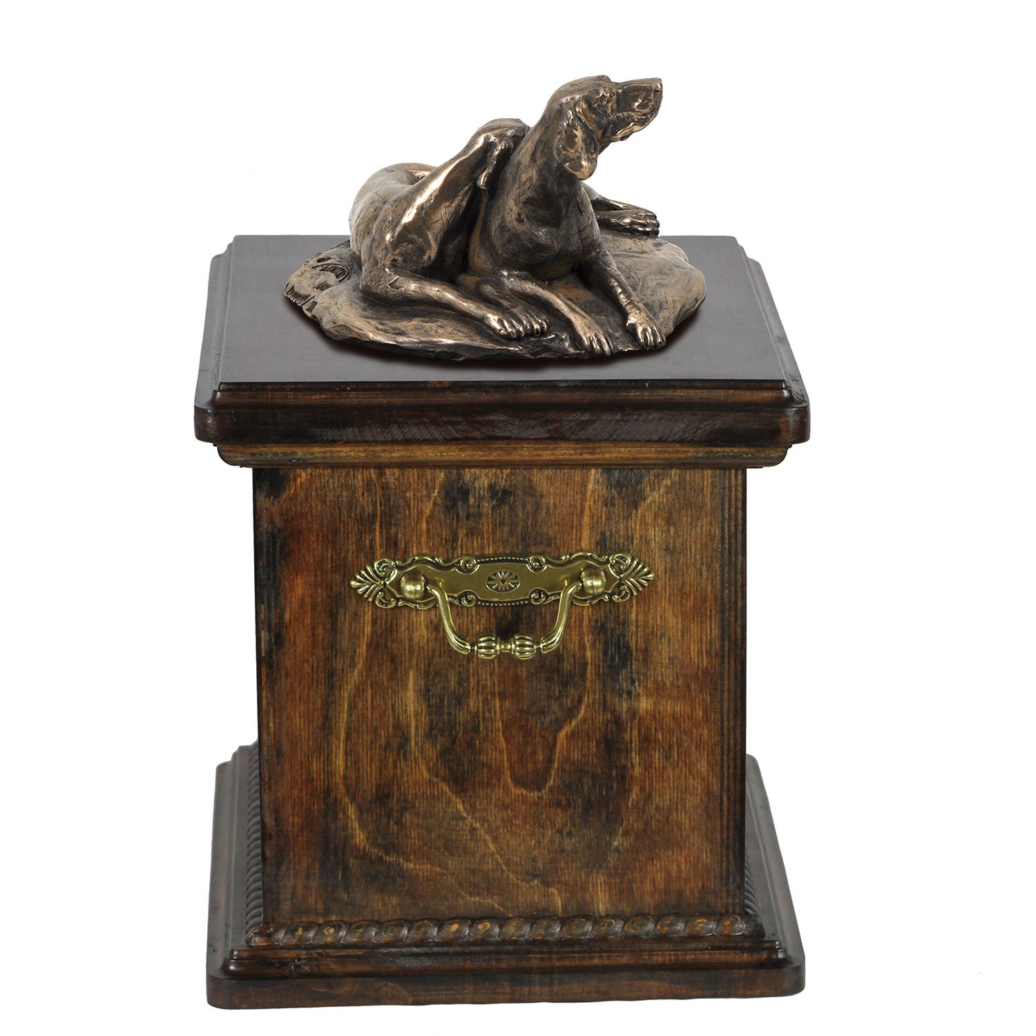 Urne pour chien de salon Braque de Weimar bronze et bois bouleau