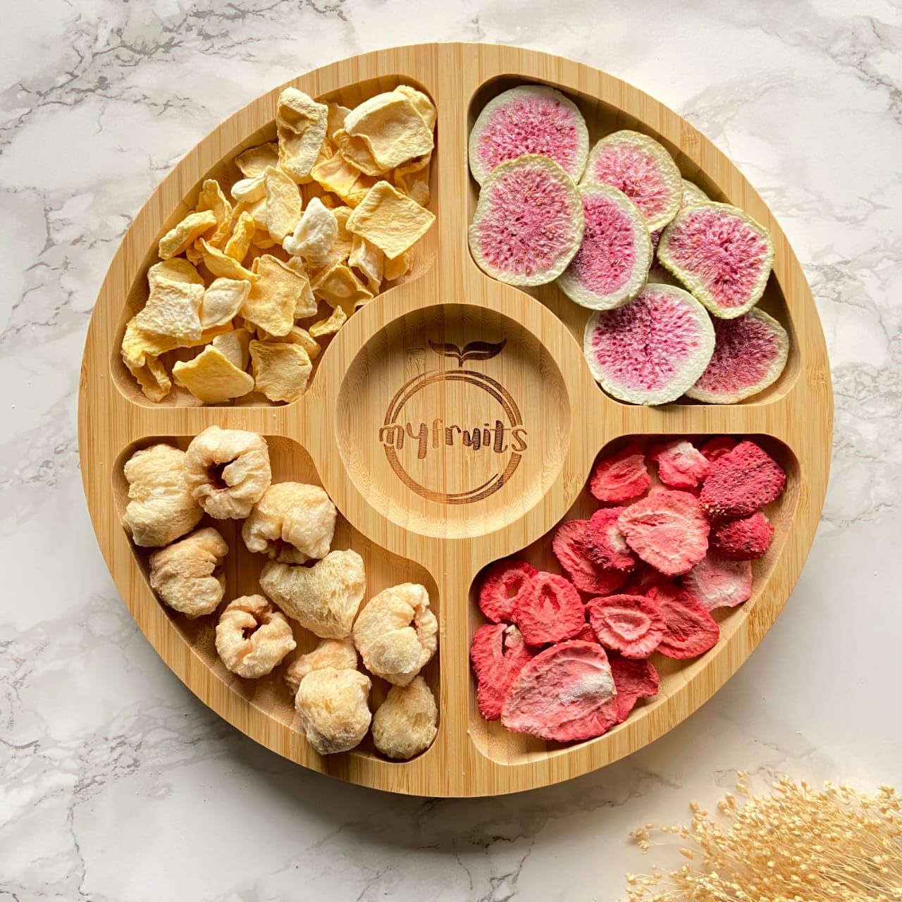 myfruits Bambus Snackteller Set, 25 cm Durchmesser, 6 Stück, Runde Servierteller mit 4 Fächern, Naturholz
