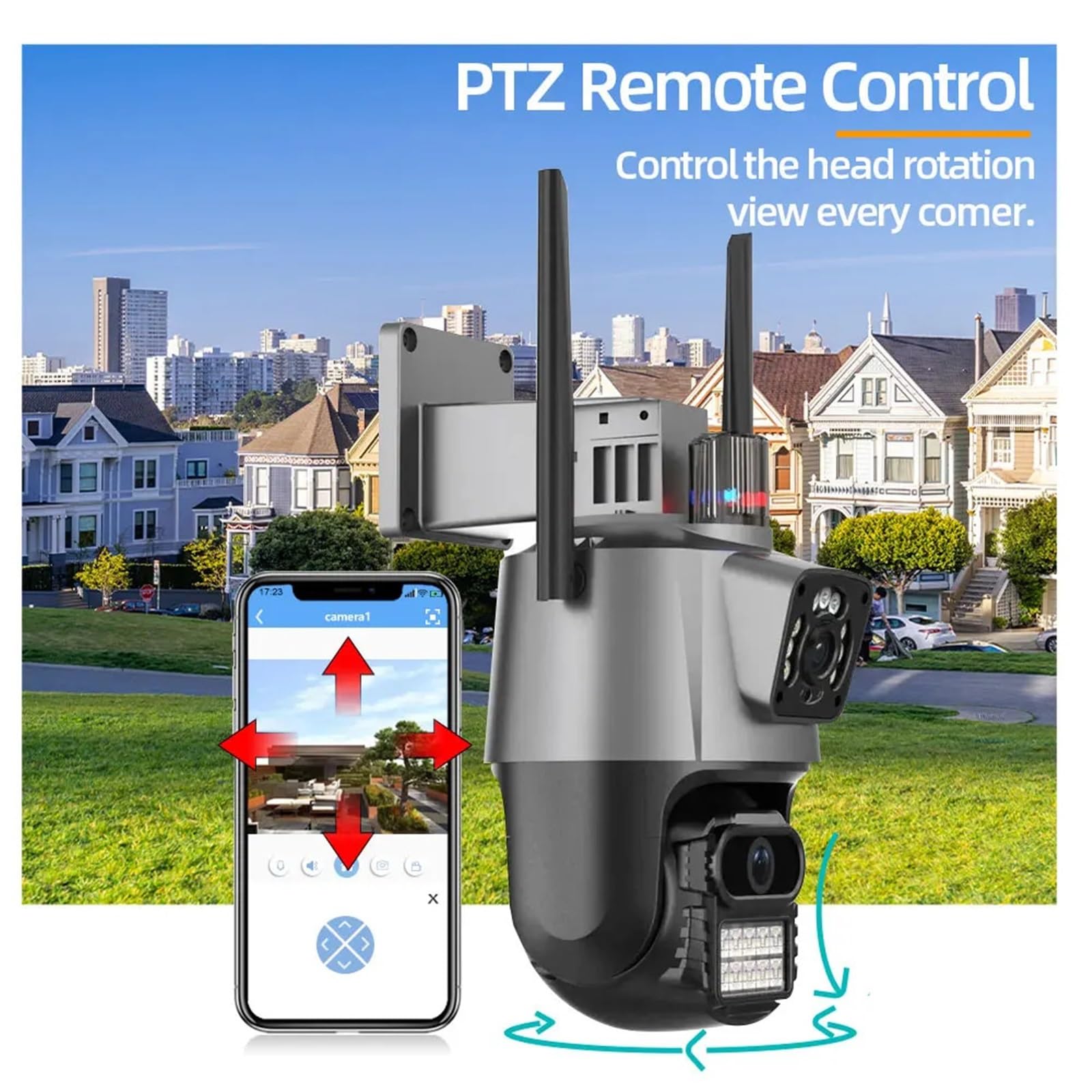 Videosorveglianza, Telecamera Wi-Fi PTZ da 6 MP a doppia lente for esterni con allarme antifurto con sirena Speed ​​Dome Ai Human Detect Videosorveglianza P2P(6MP NO SD Card)