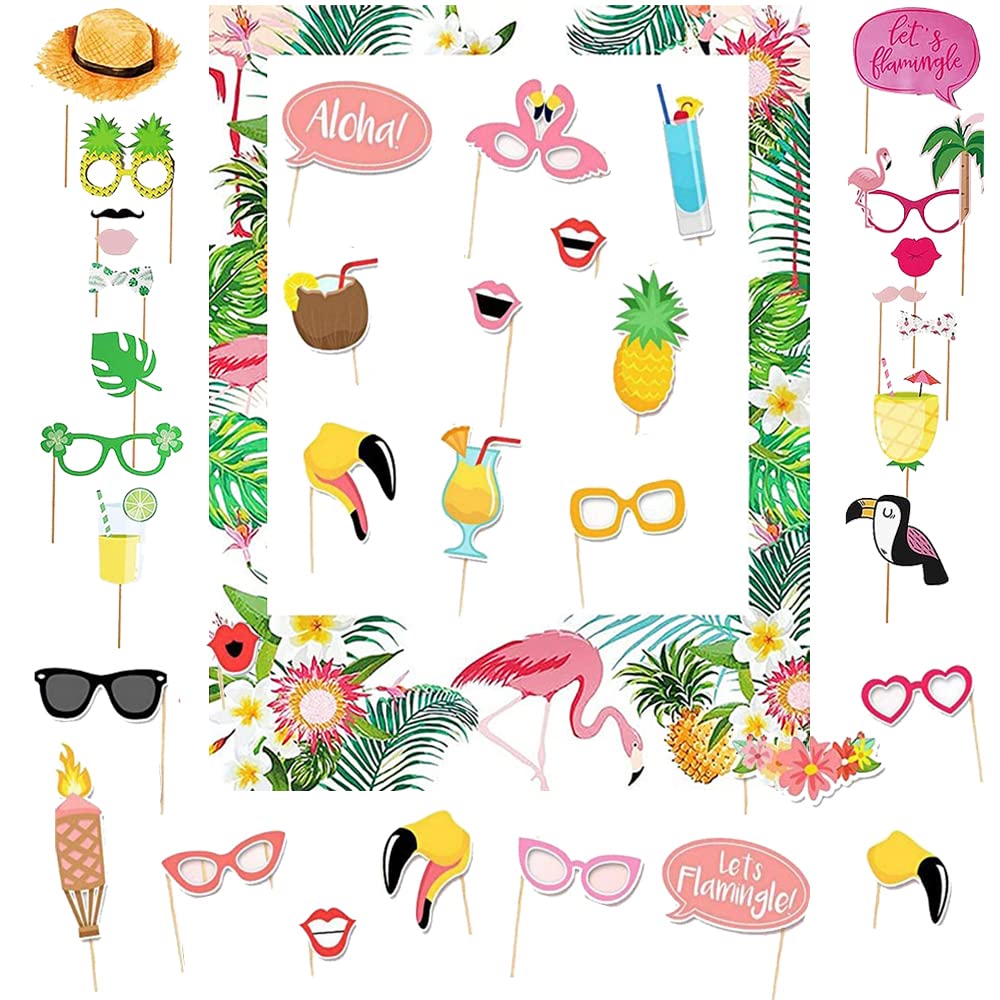 ZOOMPIL Hawaiana Photo Booth Props, 37 Piezas DIY Foto Prop para Fiestas, Hawaiano photocall Accesorios Decoracion, para Playa Fiesta en la Piscina de Verano Decoración de Bodas cumpleaños