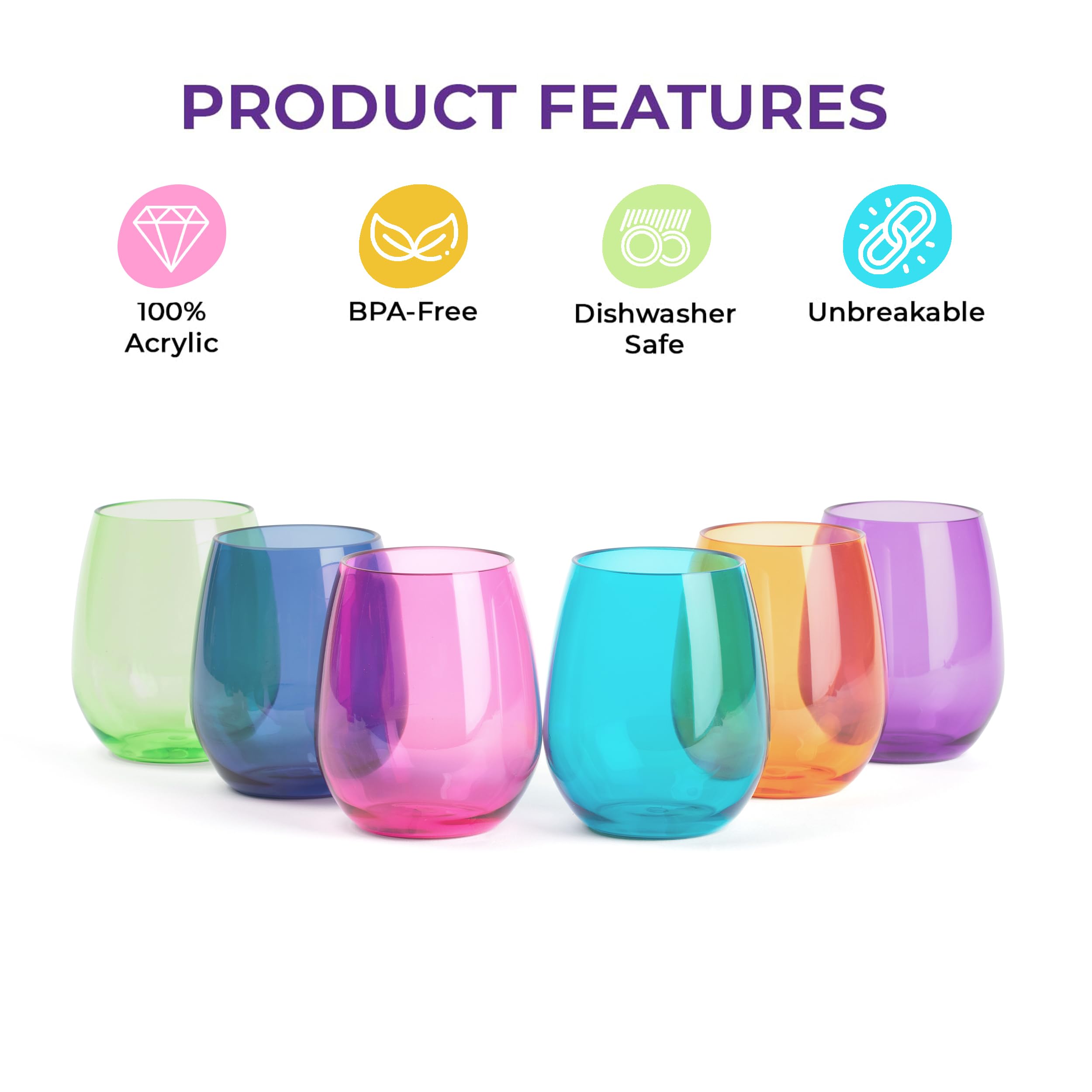 Juego de 6 copas de vino acrílicas de colores, copas de vino de plástico sin BPA, copas de vino acrílicas sin tallo, Tritan, aptas para lavavajillas, copas de vino irrompibles para exteriores, copas