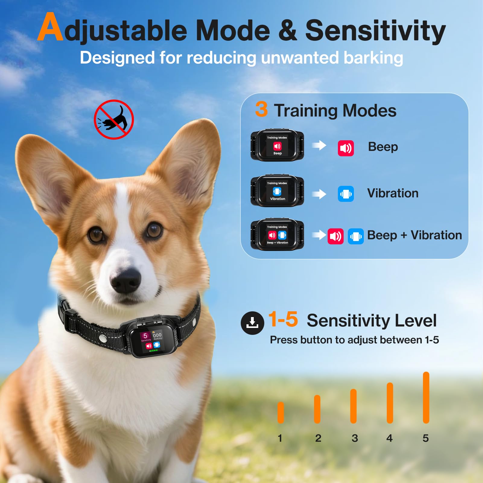 Collar Antiladridos Perros Grande Mediano Pequeño, Actualizado Collar Antiladridos para Perros con Giroscopio, 8 Niveles de Sensibilidad, 3 Modos de Eficiente Impermeable IP67 y Recargable