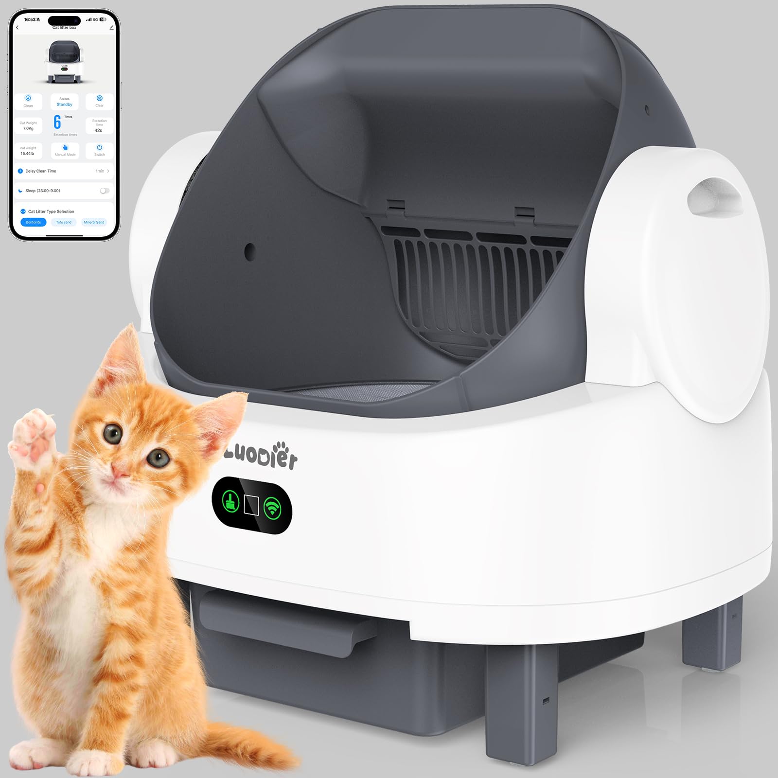 Self Cleaning Cat Litter Box, Open-Top Large Automatic Litter Box for Multiple Cats with Safety Sensors, Includes Liner Bags and Litter Mat White