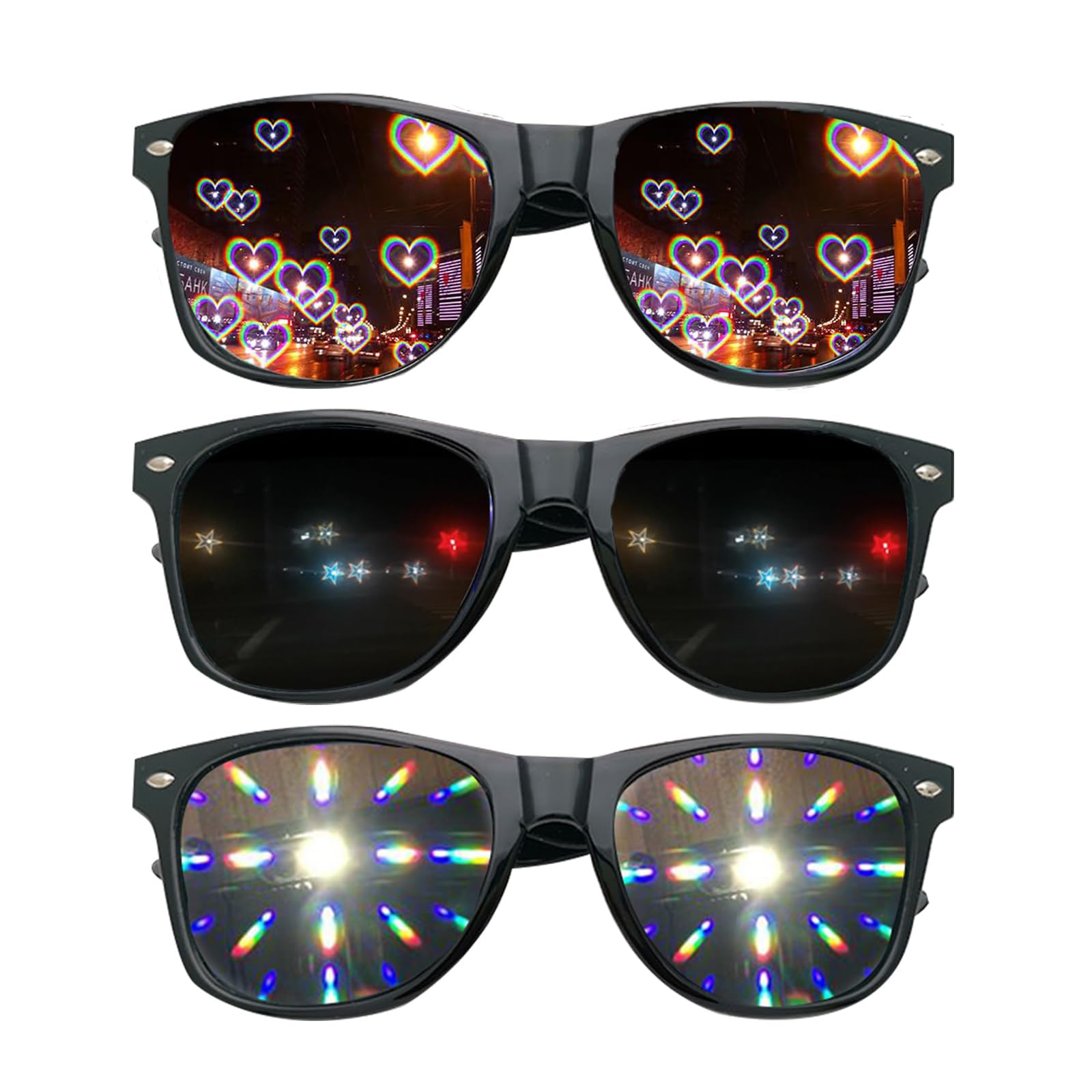 Weenwill Diffraction Glasses,3 Pcs 3D Prism Heart Star Firework Effect Rave Glasses Kaleidoscope Refraction Party Glasses Women Men for Night Music Concert Party Club Accessories