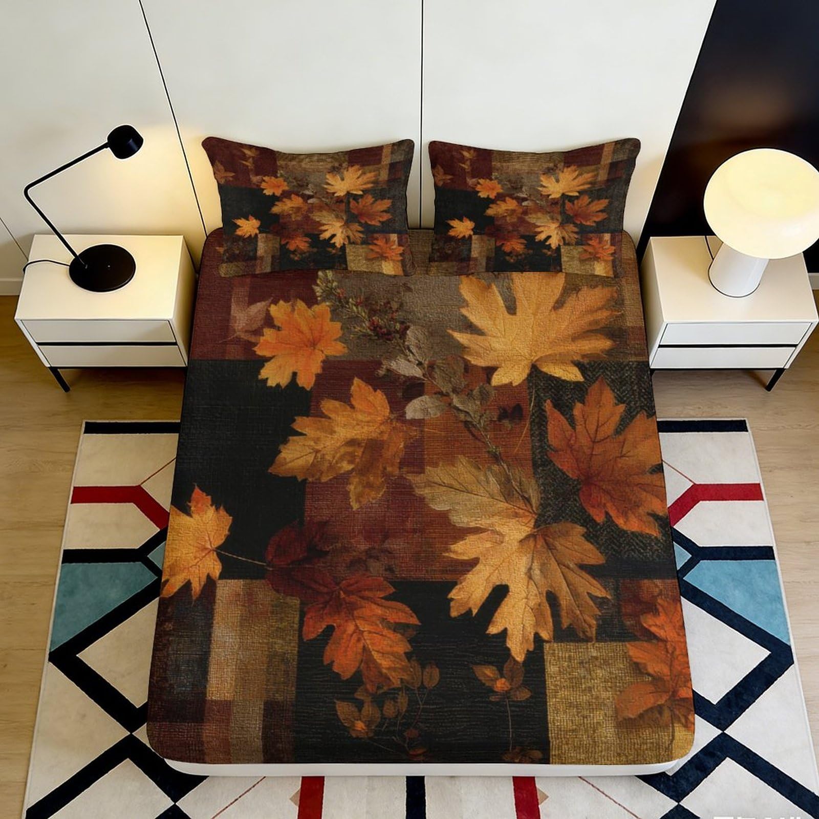 3D Printed Autumn Maple Leaves Fitted Sheet Microfiber Soft Decor Bedroom Guest Room Mattress Cover 90x200x25cm