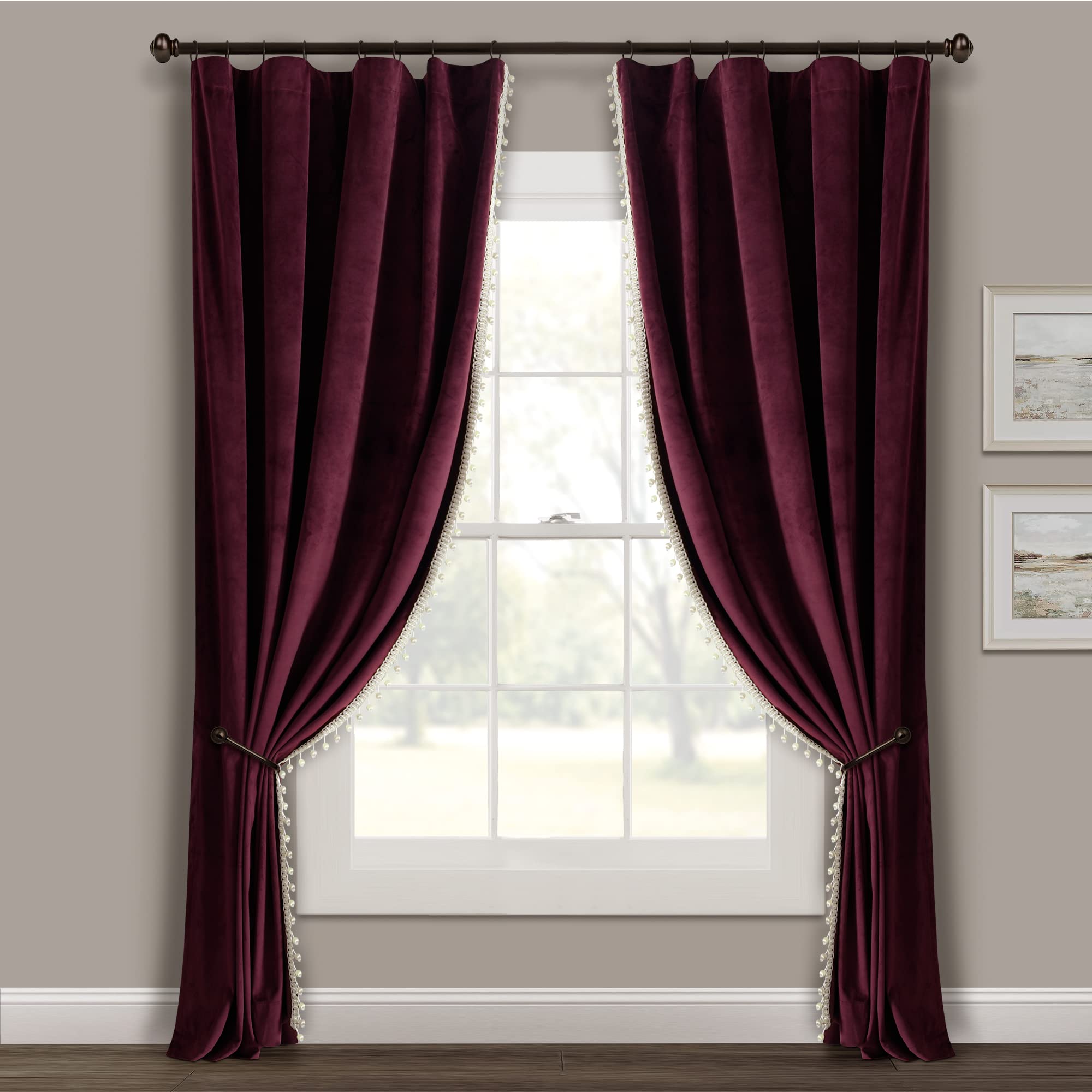 Lush Decor Tenda di lusso vintage in velluto con pompon setoso, tenda da finestra singola, 52 x 84, 213,4 x 132,1 cm, prugna