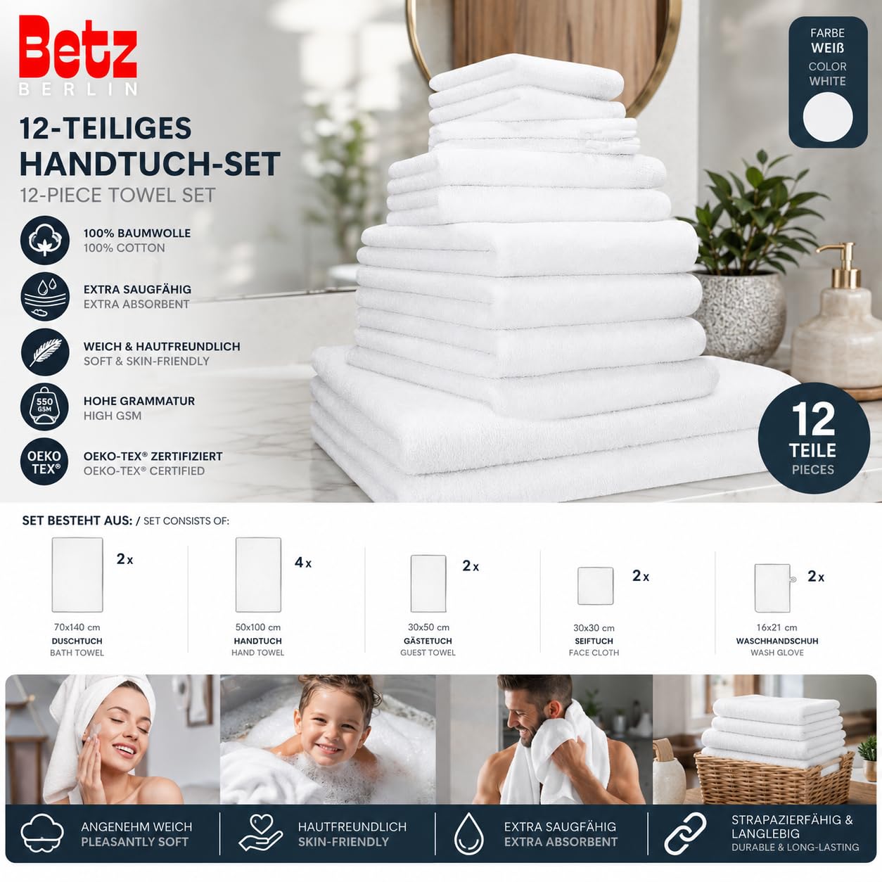 Betz Berlin Handtuch-Set 12-teilig 100% Baumwolle Oeko-TEX Zertifiziert extra saugfähig weich hohe Grammatur Weiß