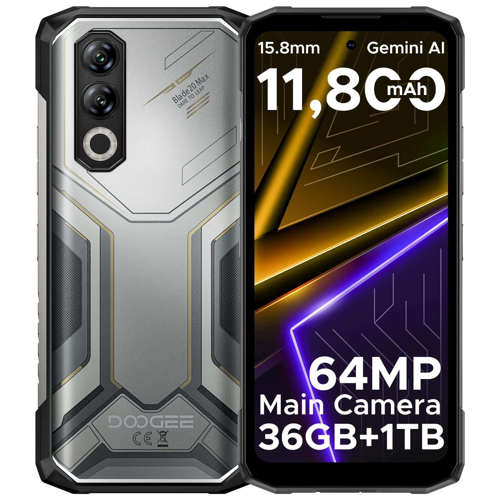 DOOGEE Blade 20 Max Rugged Smartphone, 36GB RAM+1TB ROM(2TB TF) Telefono Indistruttibile, 11800mAh/33W, MTK Helio G100 Octa Core, 6.6" 120Hz, 64MP+20MP+16MP, Android 15/NFC/4G Dual SIM/Face ID