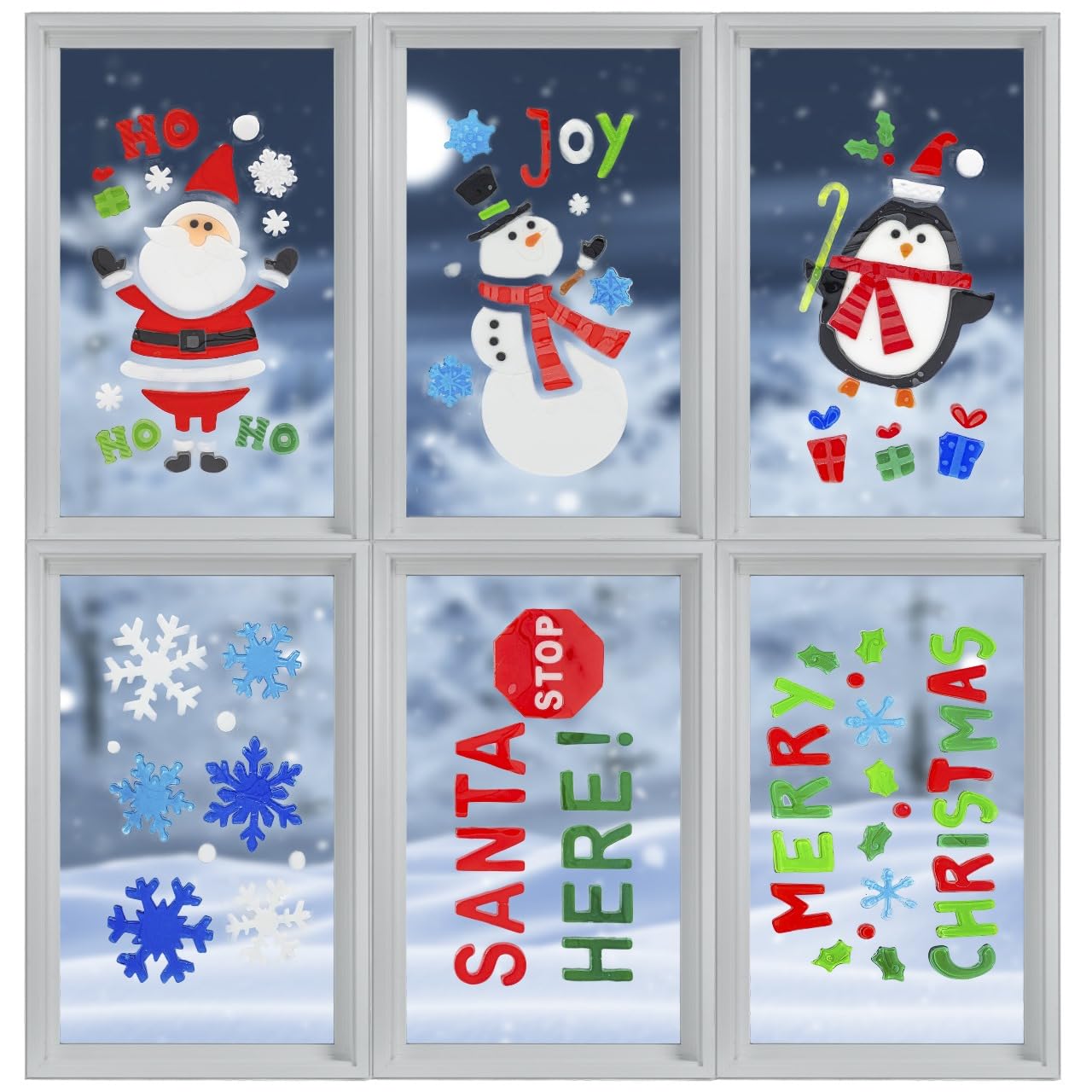 Hovuk 6 Sheets- Large Gel Stickers 71Pcs Christmas Gel Window Stickers, 6X Sheets Large Xmas Gel Clings With Penguins, Snowflakes, Santa Merry Christmas Stickers Festive Holiday Decorations For Home & Party
