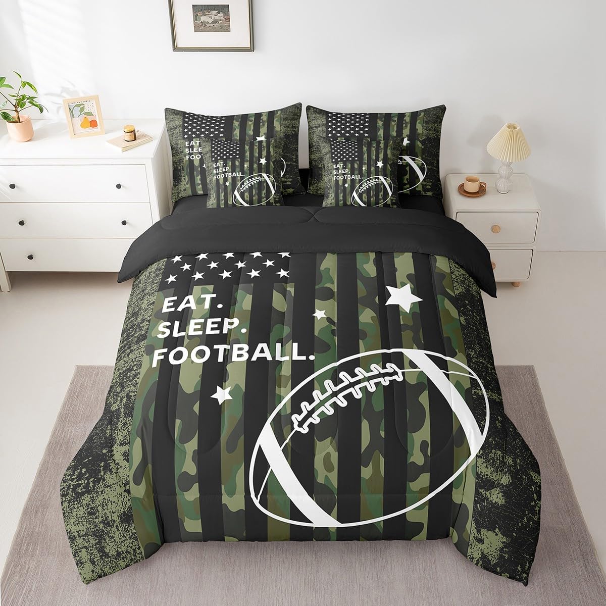 Feelyou Queen Football for Kids Camo American Flag 7 Piece Bedding Set for Boys Girls Rugby Sports Bed Set Includes Comforter, Sheet Set, Pillowcases & Pillow Covers -Super Soft Breathable