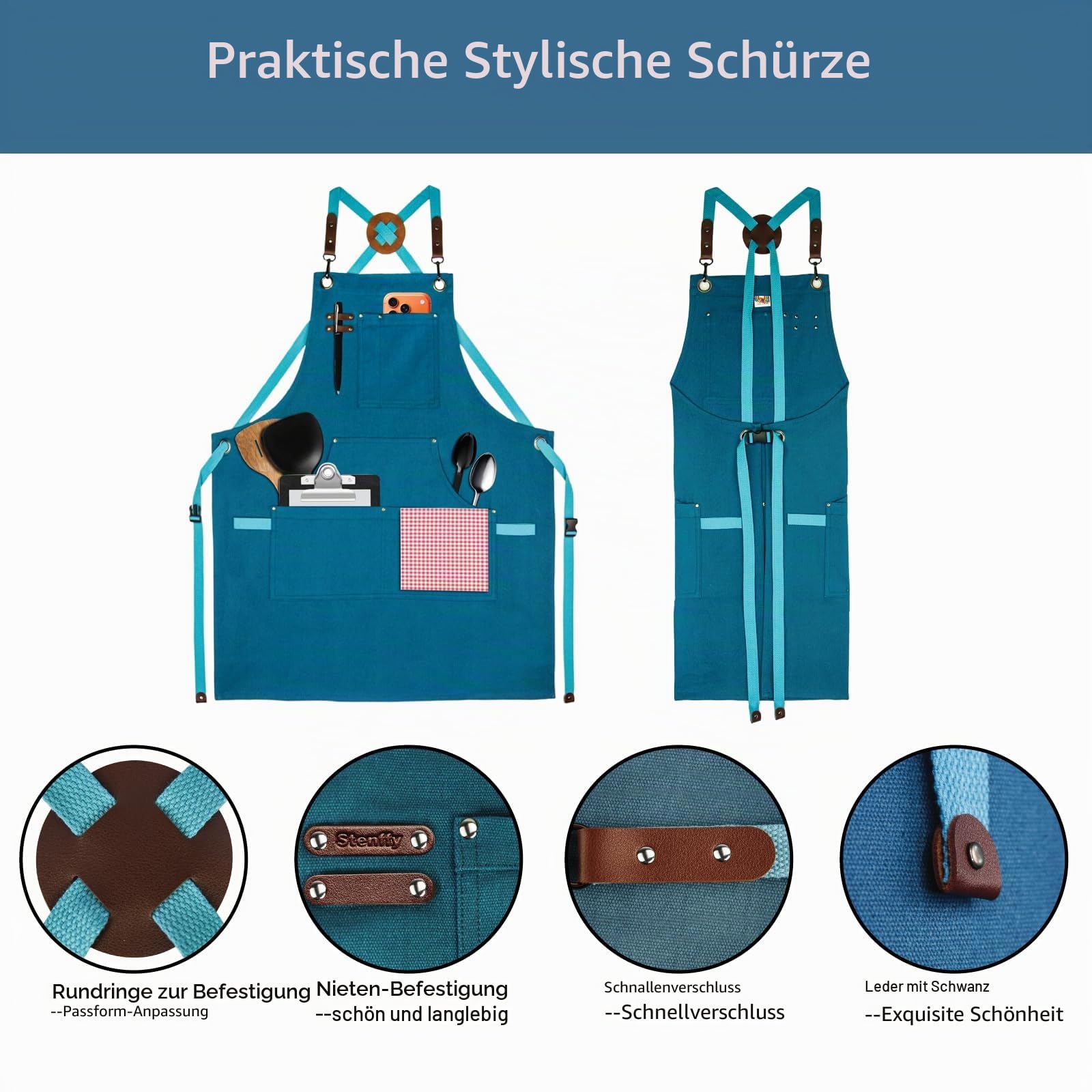 Küchenschürze,Arbeitsschürze,Leinwand,mehrere Taschen,Gartenarbeit,Malerei,Grillen,Tischler,Größen M bis XXL,Blau