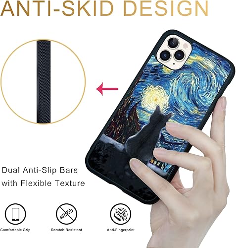 Miniatura 5 de Funda negra linda de gato para iPhone 11 Pro - 5.8 pulgadas Van Gogh linda de gato para iPhone, diseño de patrón antideslizante y absorción de