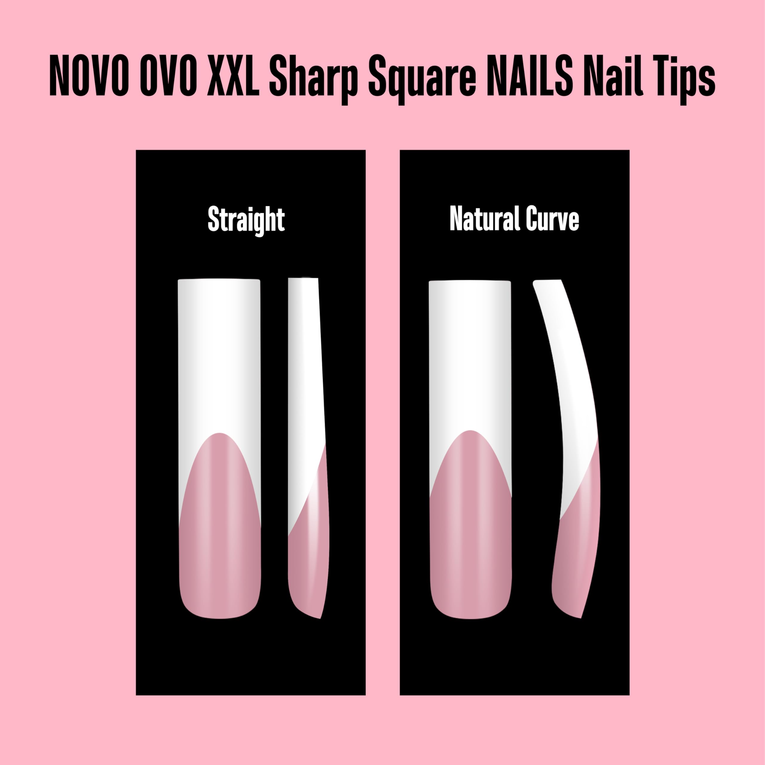 NOVO OVO Press on Nails XXL Square - 150 szt. miękkich żelowych tipsów do paznokci, wstępnie pokolorowane jagody różowe i białe francuskie, bardzo długie, 46 mm, prosty kształt, sztuczne paznokcie