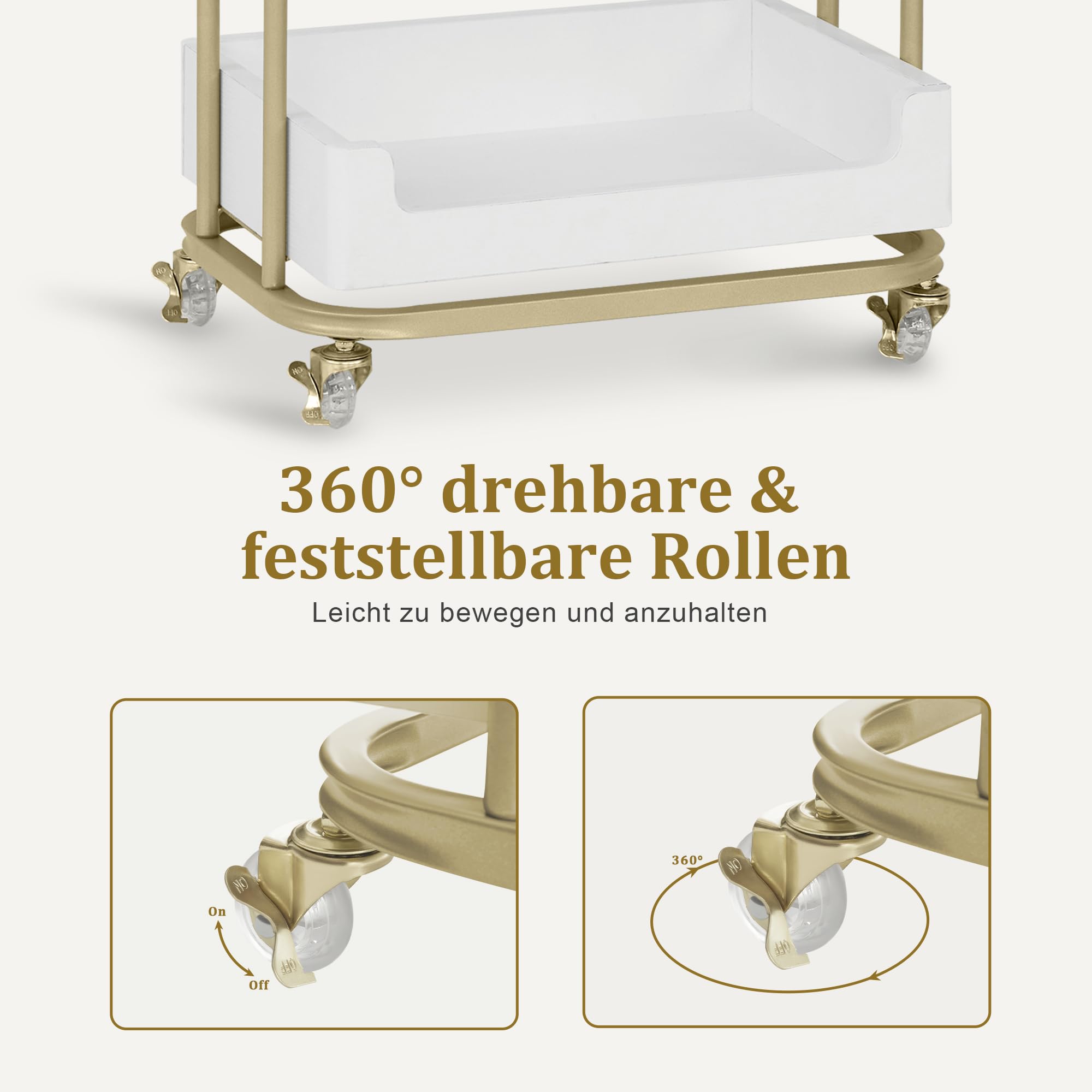 Barberpub Servierwagen mit Rollen & Schublade, Rollwagen Friseurwagen Weiß-Gold, Salon Trolley 3 Ablagen, 37x51x87cm