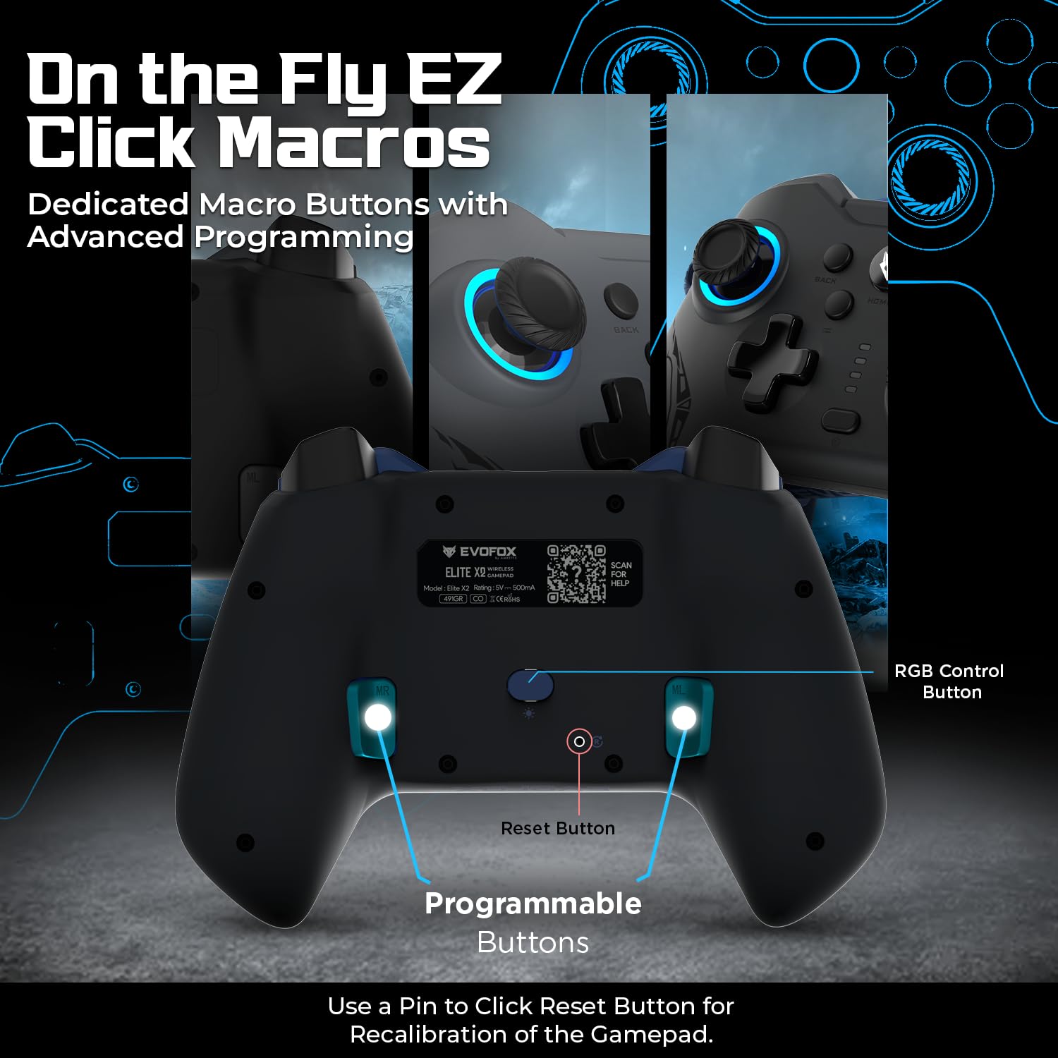 EvoFox Elite X2 Wireless Gaming Controller For PC with 1000Hz Polling Rate, Dual-Mode (2.4G & Type C), Hallsense™ Magnetic Hall 3D Joysticks & Triggers, EZ Click Macros, Dual Vibration Motors(Blue) — Amazon image 5