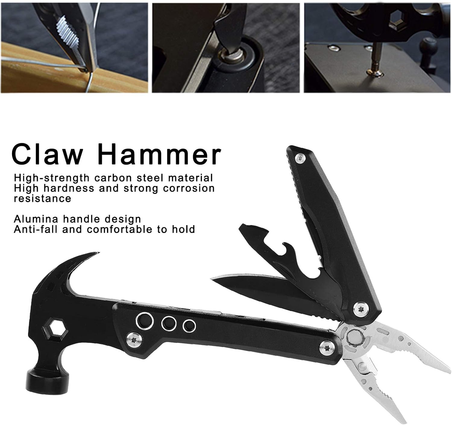 Claw Hammer, Black Portable Nail Hammer, Folding Plier, DIY Multifunctional Tools, with Aluminum Oxide Handle for Can Opener Nail Puller