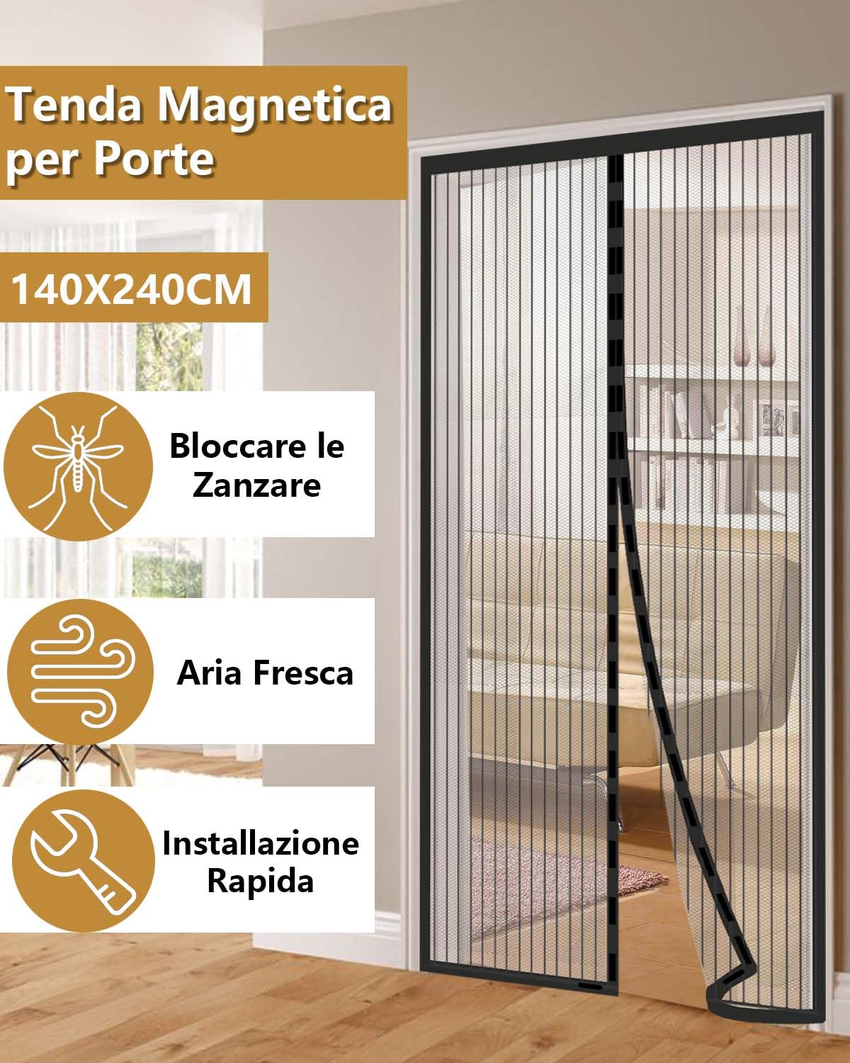 HW CASA Zanzariera Magnetica 140x240 con 34 Potenti Magneti e 2 Blocchi di Peso,Zanzariera Porta Si Chiude da Sola,Tenda Zanzariera per Impedire Ingresso di Mosche e Zanzare,Facile da Installare