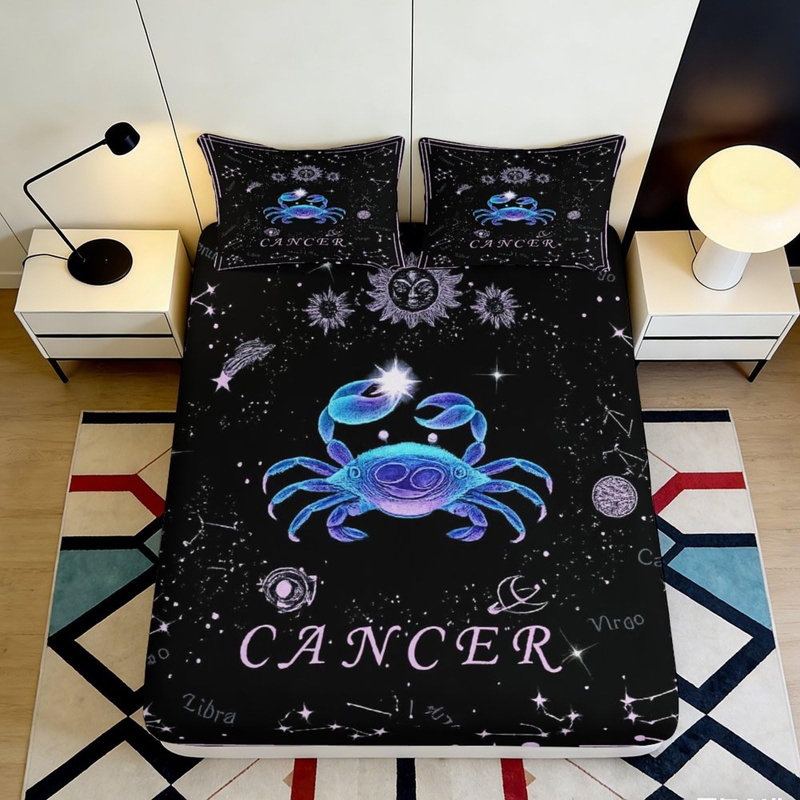 3D Printed Zodiac Cancer Fitted Sheet Microfiber Black Artistic Crab Mattress Cover for Bedroom Dorm Decor 120x200x25cm