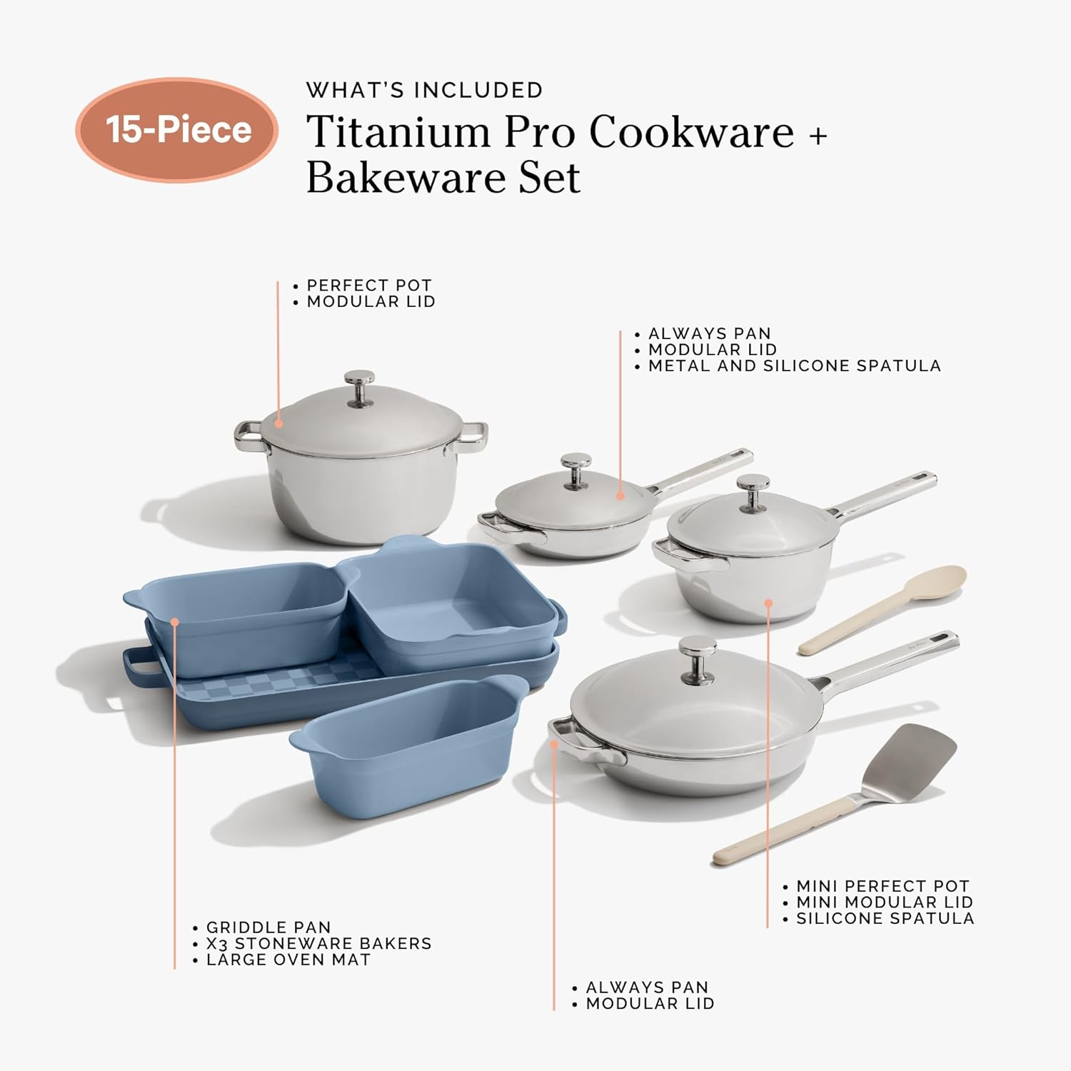 Our Place 15-Piece Titanium Pro Cookware & Bakeware Set | Tri-Ply Titanium & Stainless Steel Nonstick Fry Pans & Pots | Ceramic Nonstick Bakers & Griddle Pan | Non-toxic, PFAS-Free | Blue Salt