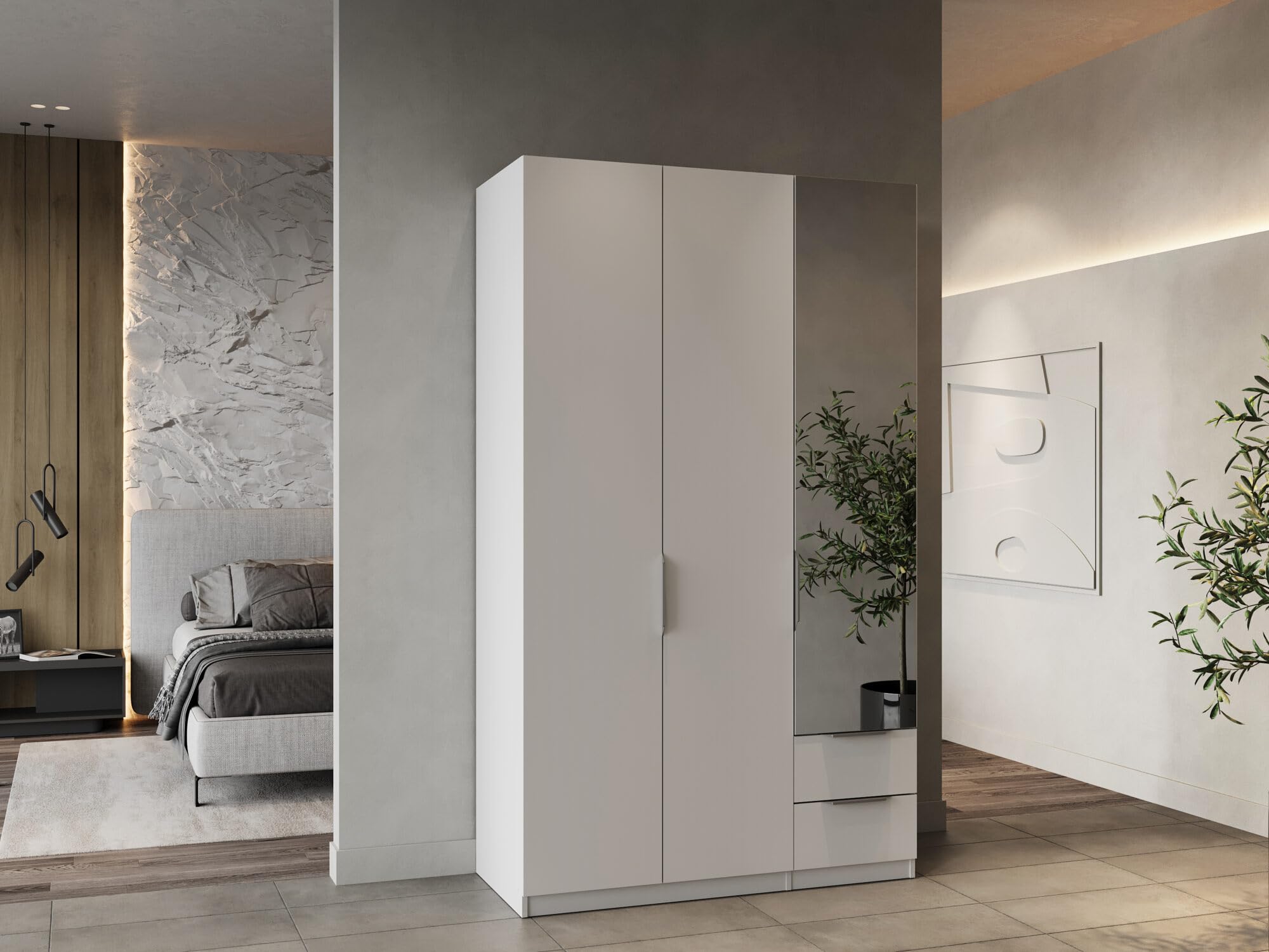 Armario vestidor con Espejo y ropero Moderno, 3 Puertas, 2 cajones y 4 nichos, Color Blanco Mate, 120 x 50 x 200 cm