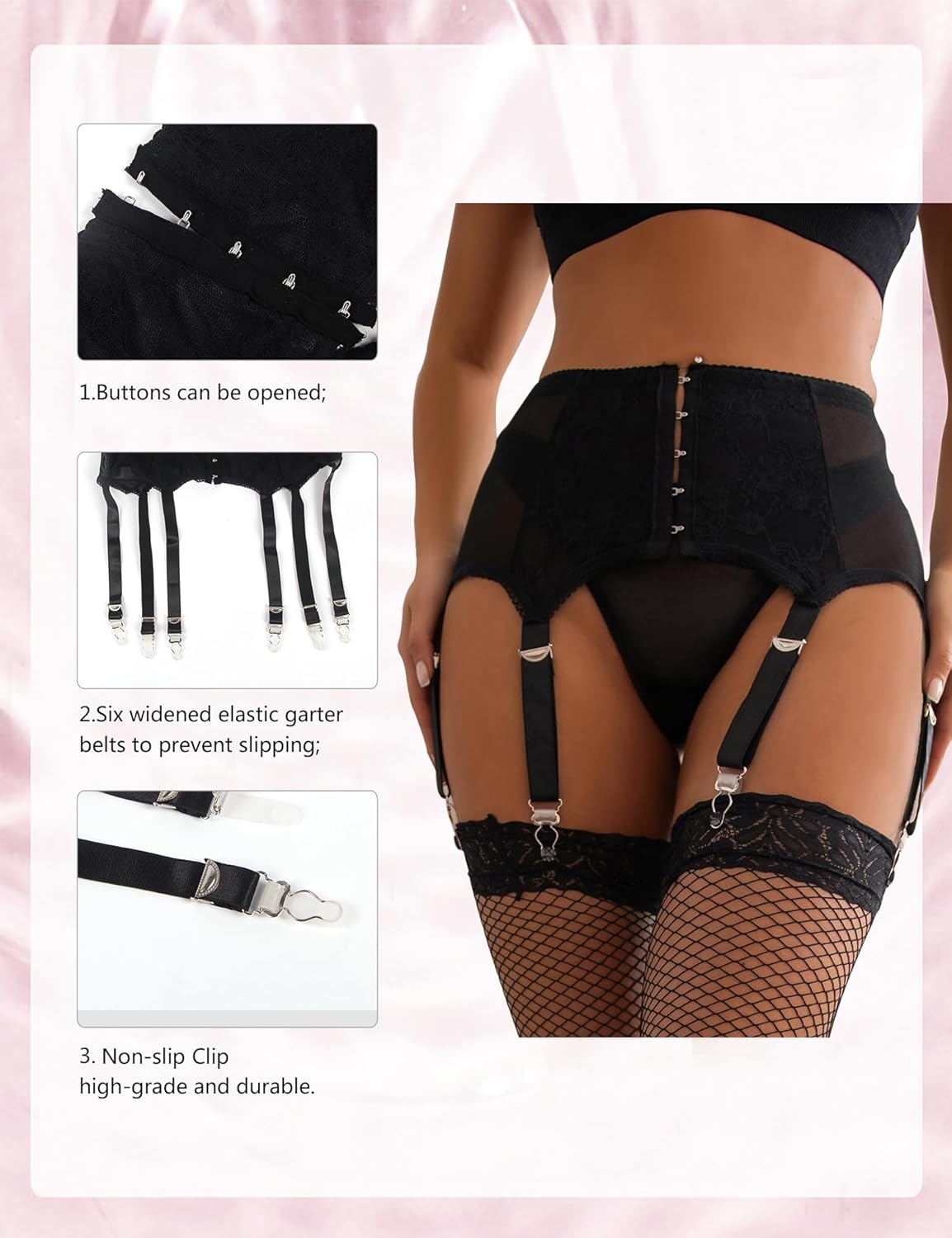 ohyeah Plus Size High Waist Garter Belt Set Lace Mesh Suspender Belt with 6 Vintage Metal Clip for Stockings - Image 6
