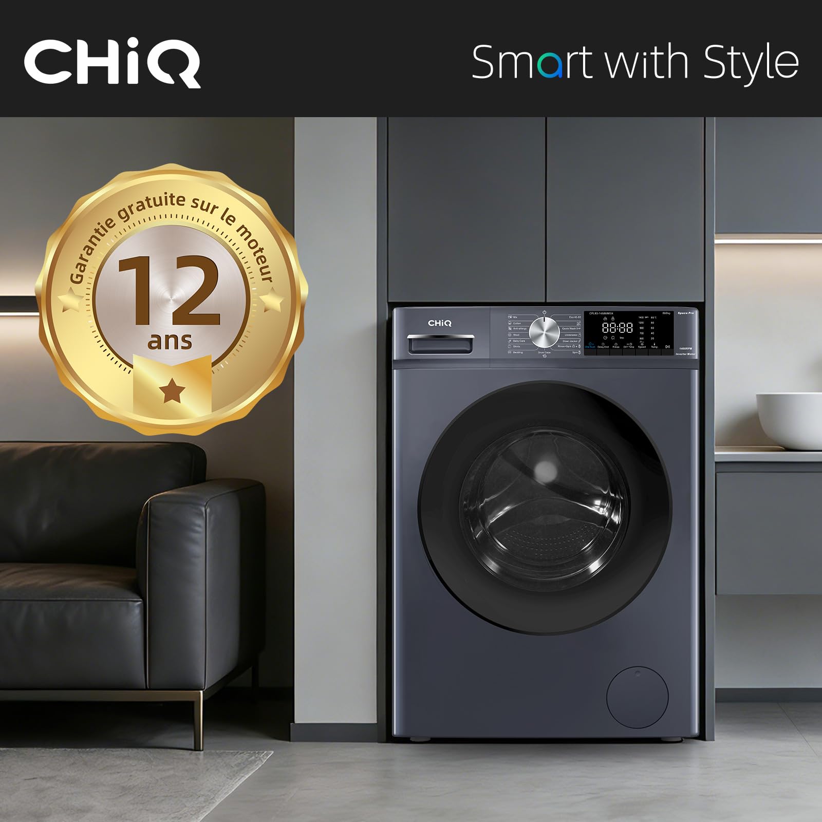 CHiQ Lave-linge CFL80-14586IM3XA 8 kg 1400 tr/min Classe A-15% Moteur Inverter stable Programme intelligent IA Fonction vapeur Gris