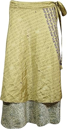 Women's Wrap Skirt Dress Printed Beige Upcycle Sari Hippie Gypsy Boho Dresses One Size