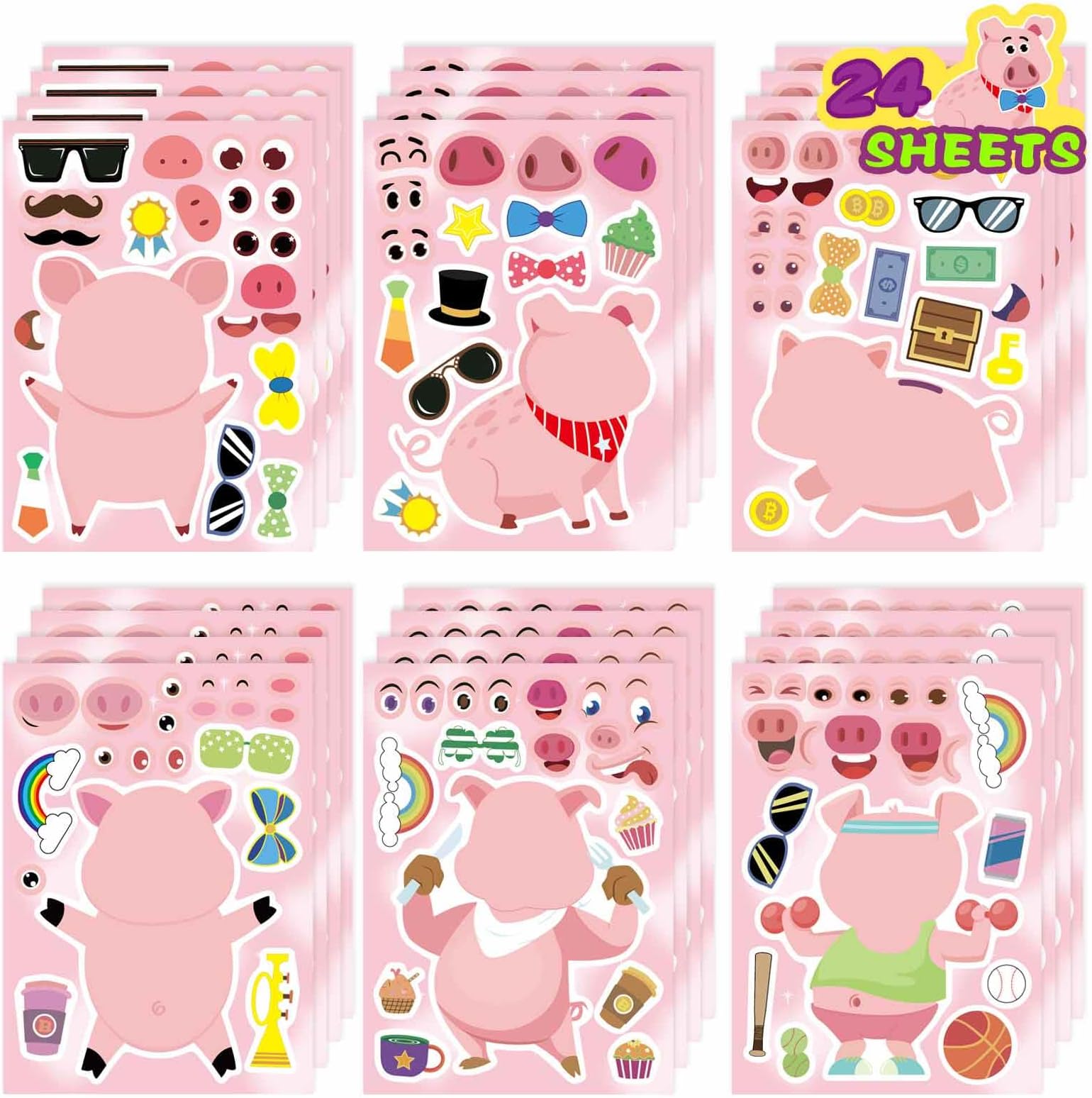 24PCS Pig Stickers for Kids Toddlers, Make-a-face Stickers, Make You Own Kawaii Pink Piggy Stickers Cute Animal Stickers for Brithday Party Favor Supplies Gifts, Teacher Classroom Reward