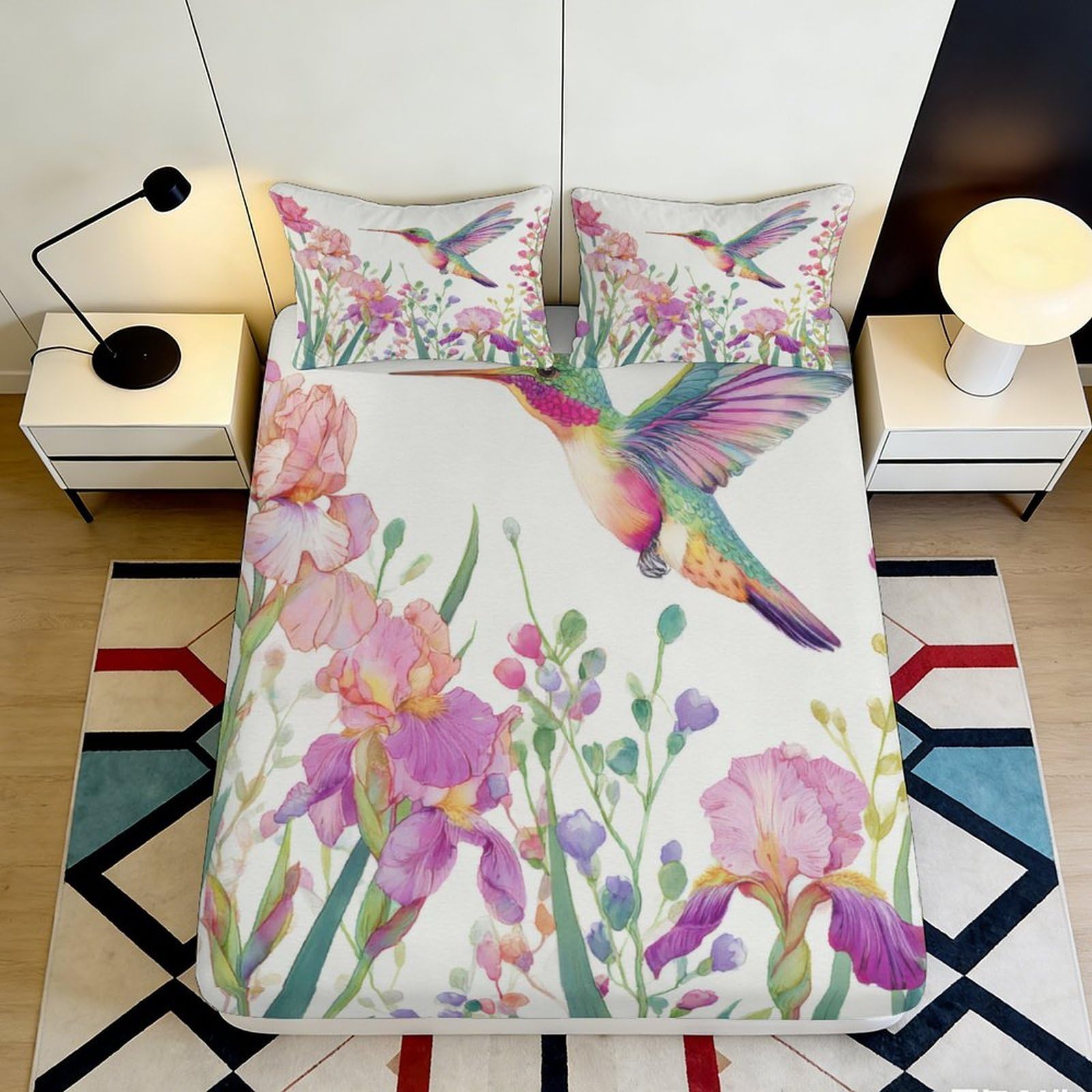 3D Printed Hummingbird Floral Fitted Sheet Microfiber Soft Breathable Mattress Cover for Bedroom Guest Room Decor 90x200x25cm
