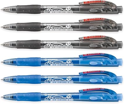 STABILO marathon - Retractable Ballpoint Pen - Fine - Pack of 6 Black, Blue