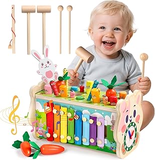 Fajiabao Montessori Motor Skills Toy from 1 Year - 7-in-1 Hammer Game Wooden Toy Xylophone Children 1 Year Educational Toy, Children's Toy Gift 1 2 Year Boy Girl Christening Gifts