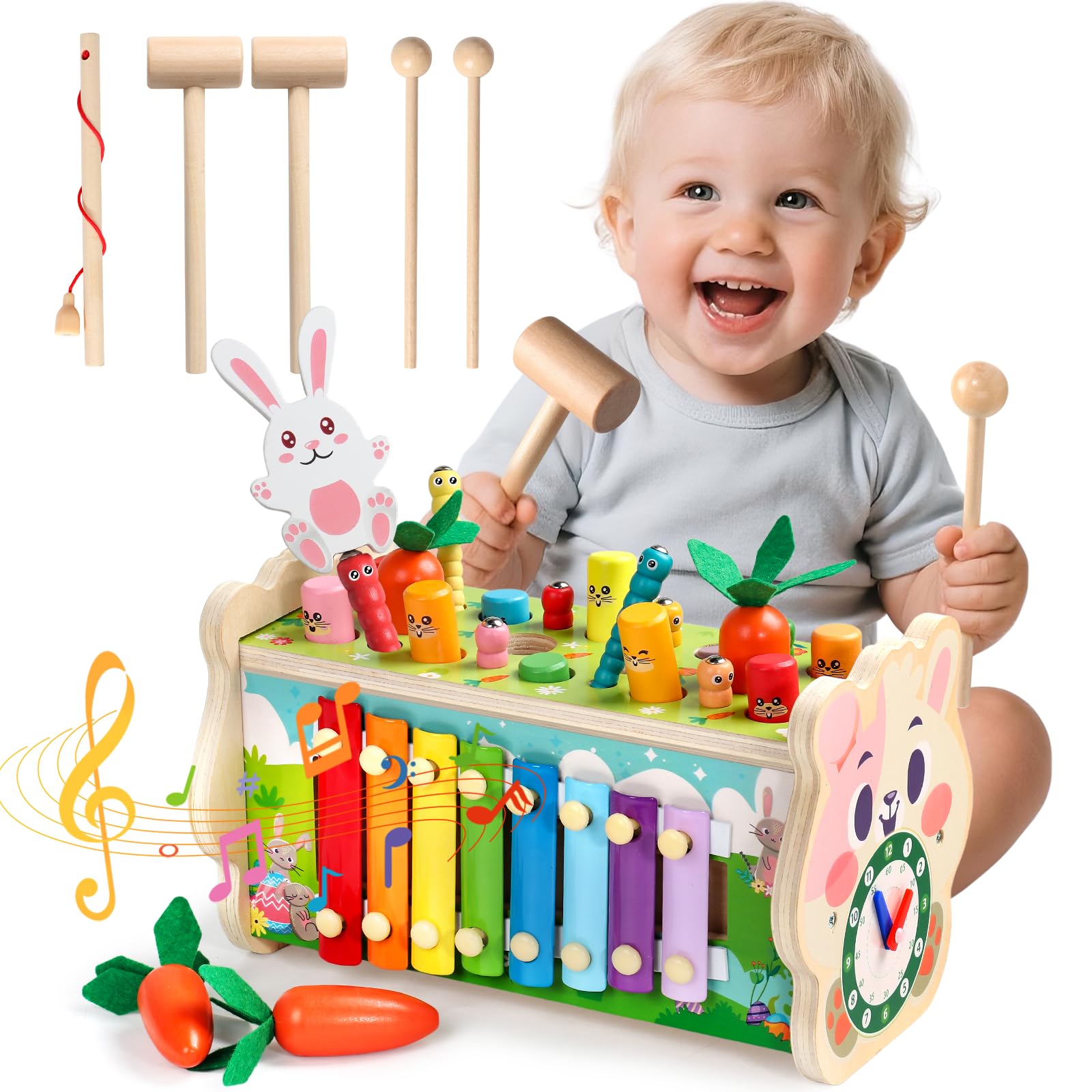 Fajiabao Juguetes Niños 1 Año Montessori, 7 en 1 Juguetes Madera con Xilofono Bebe, Whack-a-Mole, Desplumado de Nabos Juguete Bebe 1 Año Educativos Regalo Niño 1 2 año para Niñas