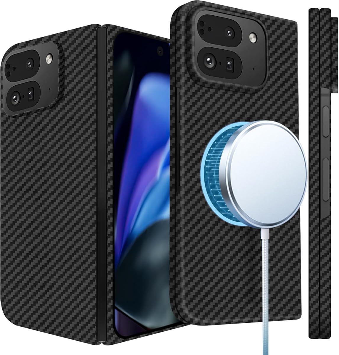 Thin Carbon Fiber Case for Google Pixel 9 Pro Fold (Fold 2), Slim 1500D Aramid Fiber Cover Compatible with Magsafe, Matte Black, Version 2.0