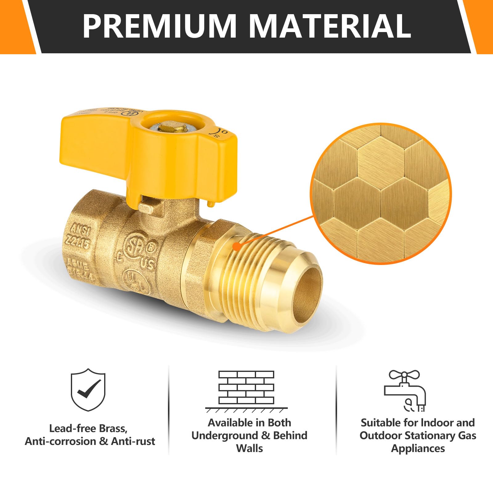 5PC HeSun 0.5" FIP x 0.5" OD connessione diritta valvola a sfera del gas | Valvola a sfera di arresto del gas d'ottone di 1/4 di giro, giallo (VALVE231-5)